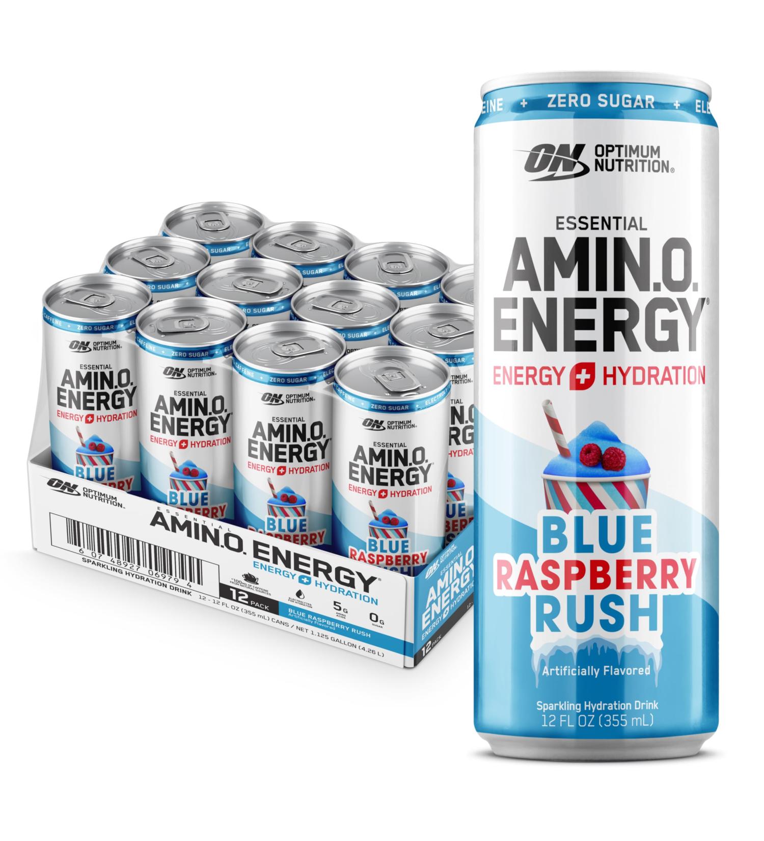 Optimum Nutrition Amino Energy Sparkling Hydration Drink Electrolytes Caffeine Amino Acids BCAAs Sugar Free NEW Blue Raspberry Rush 12 Fl Oz 12 Pack (Packaging May Vary) Amino Energy Sparkling Blue Raspberry Rush 12  - Buy Online on GoSupps.com