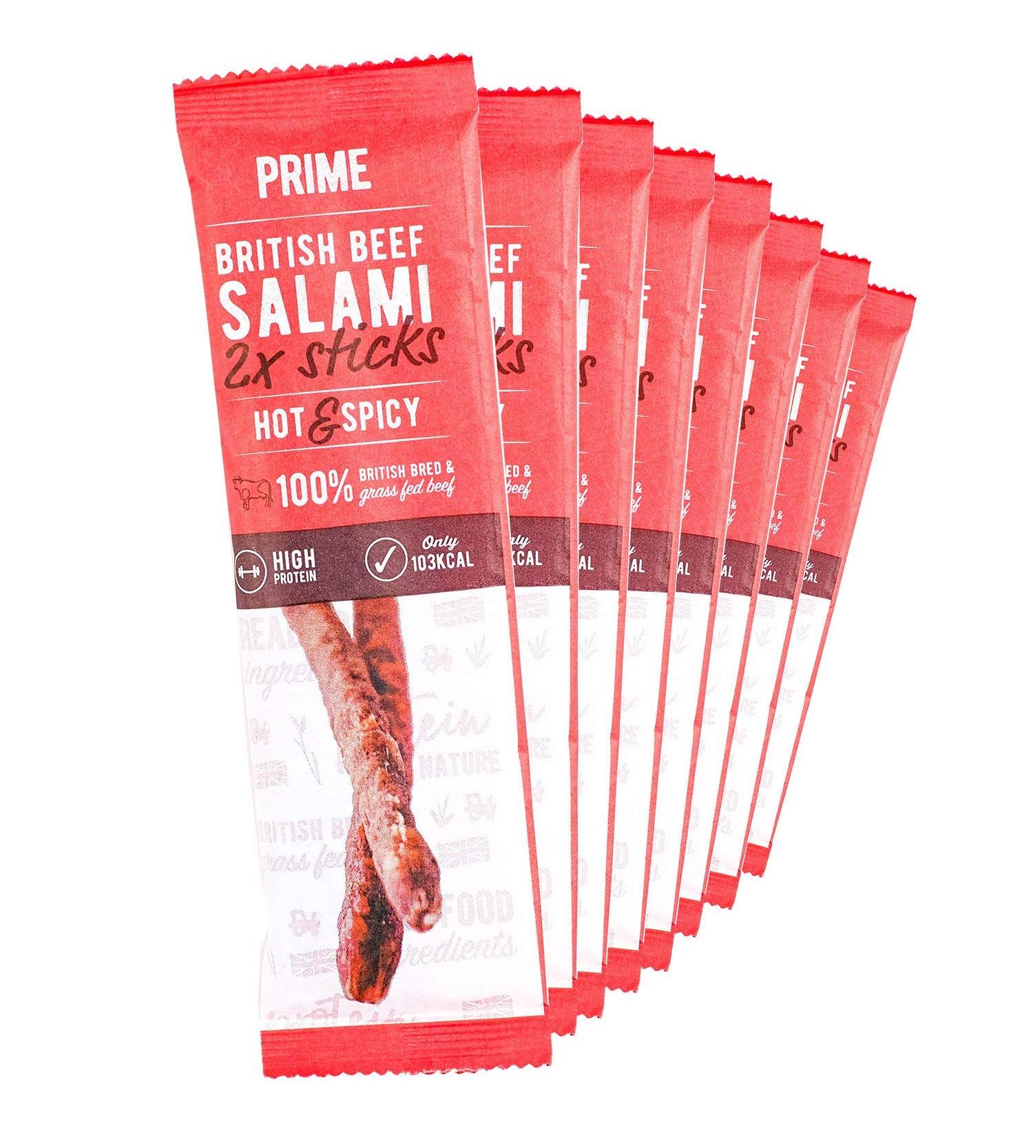 PRIME BAR | Spicy Prime Beef Salami Sticks - Paleo & Keto Friendly 100% British Grass Fed Beef | High Protein Snack (10 x 2 Sticks) - Buy Online on GoSupps.com