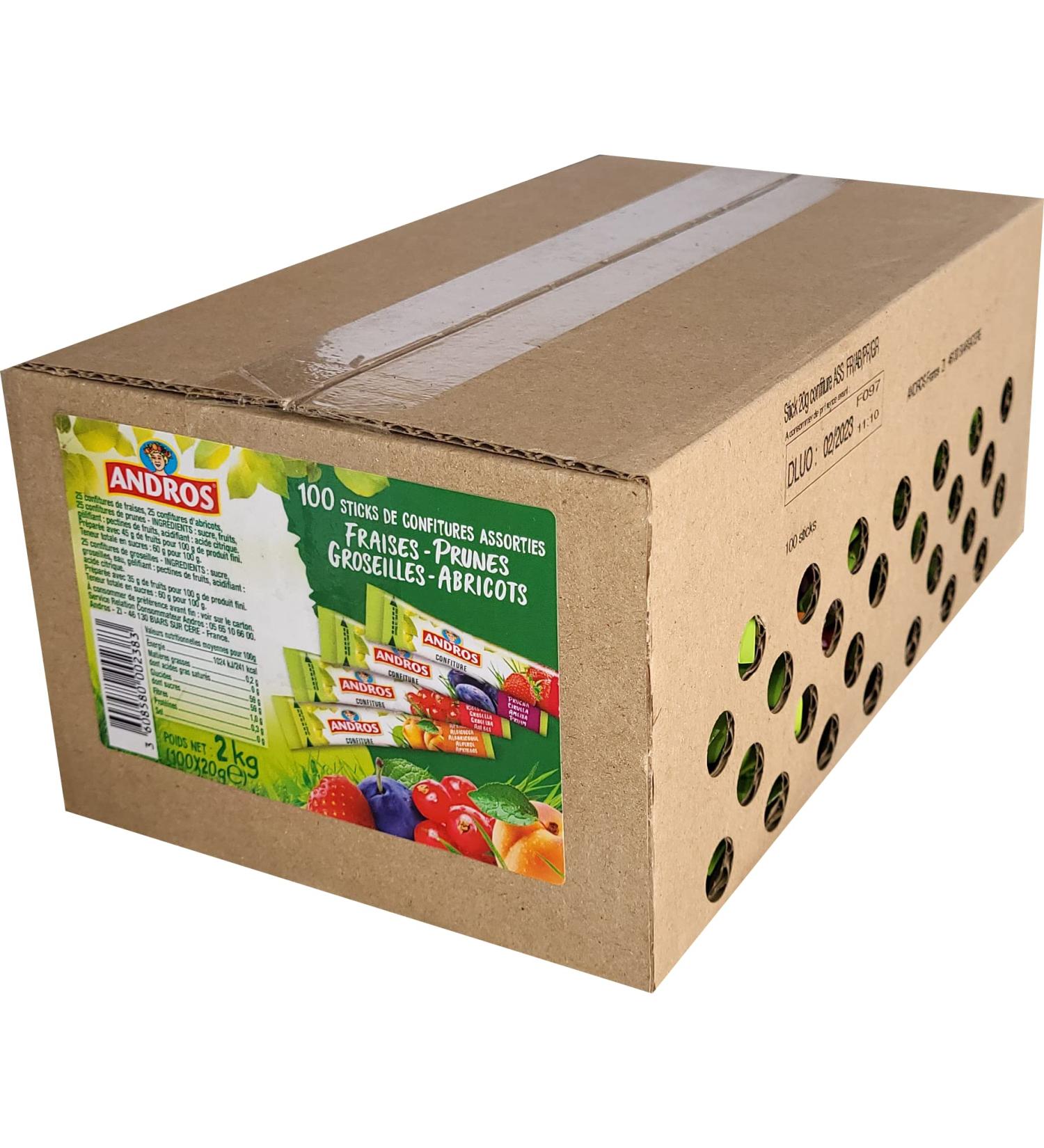 ANDROS | 100 sticks individuels de confitures assorties - fraise abricot prune groseille- sticks de 20 gr