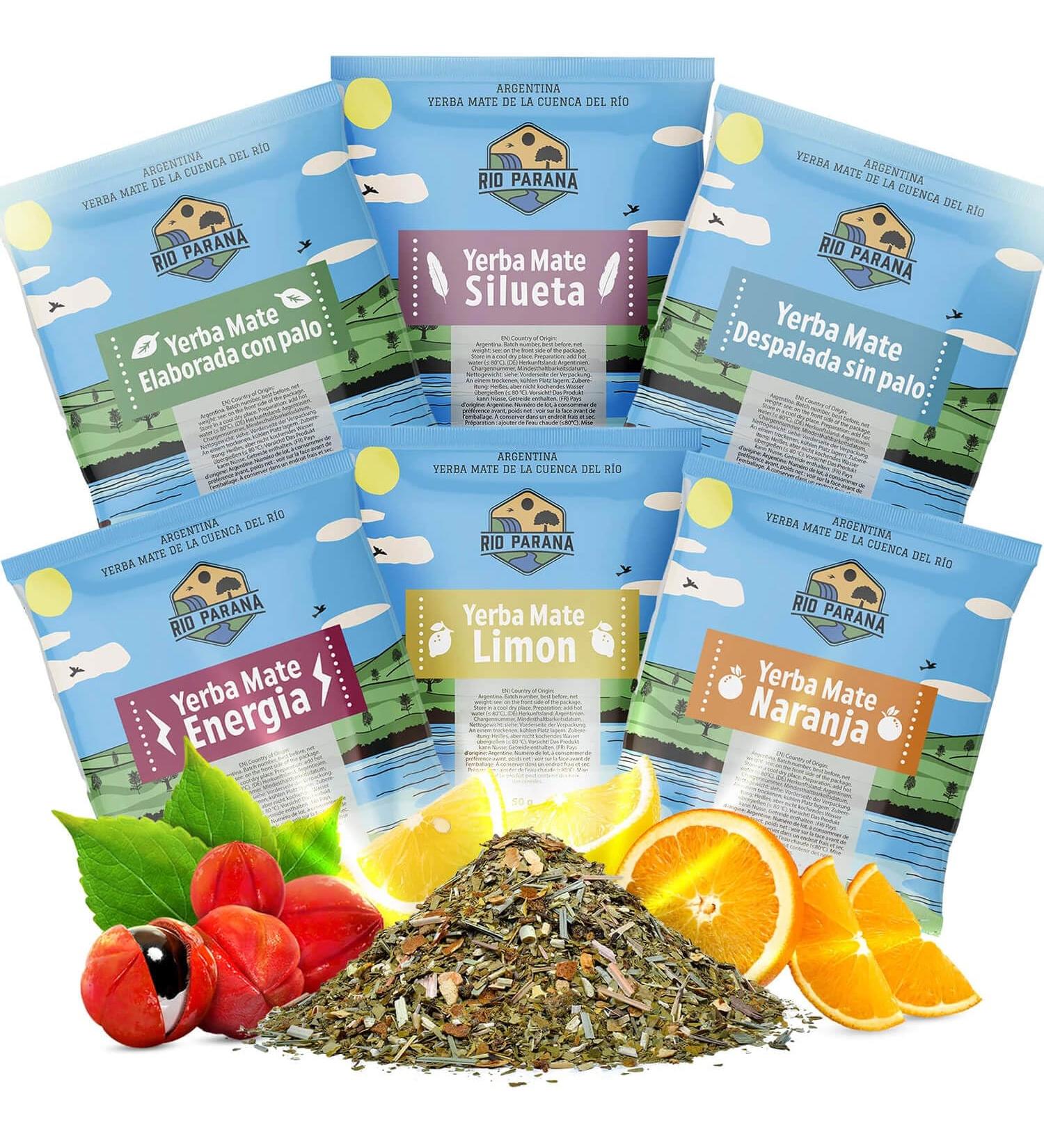 Ensemble de tous les chantillons yerba mate Rio Parana | chantillons de yerba mate 50g | Traditionnel nergie avec guarana perte de poids citron orange | Argentin | Caf ine naturelle | 6x50g