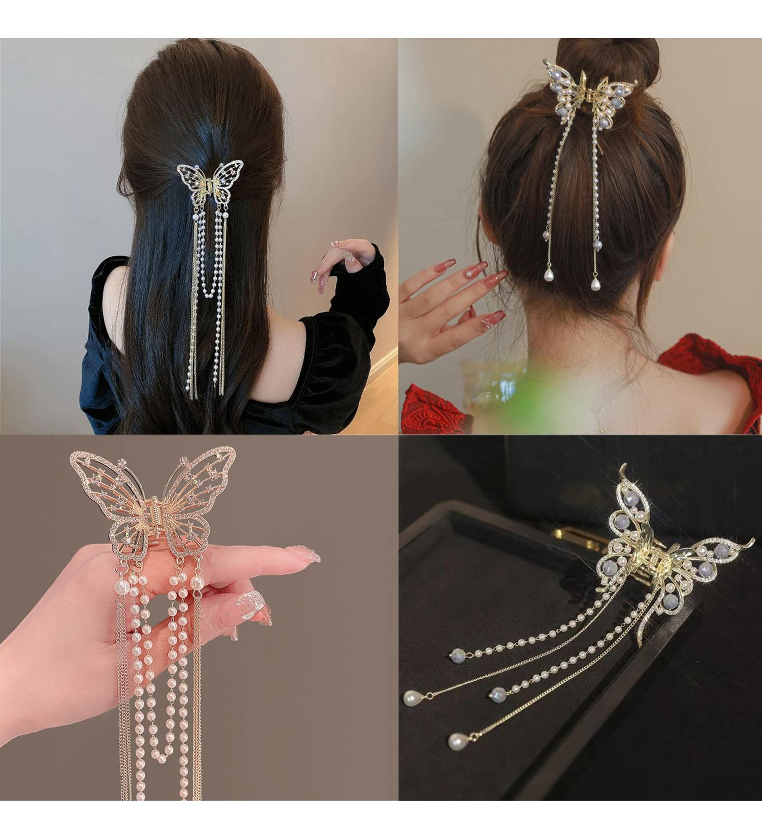 Sparkly Rhinestone Butterfly Hair Claw Clips - 2Pcs | French Style Vintage Hair Accessory - Buy Online on GoSupps.com
