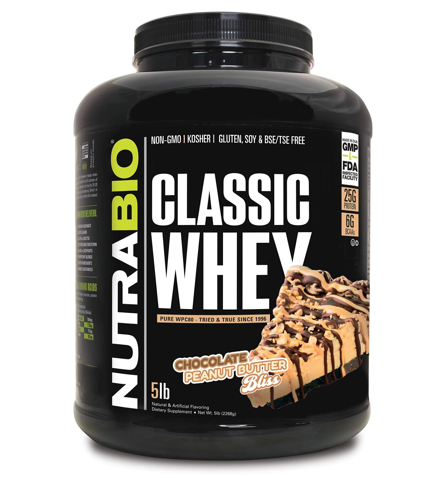 NutraBio Classic Whey Protein Powder- 25G Protein Per Scoop - Full-Spectrum Amino Acid Profile - No Fillers, Artificial Colors, Preservatives - Low Glycemic Index - (Chocolate Peanut Butter, 5 Pounds) Chocolate Peanut Butt…