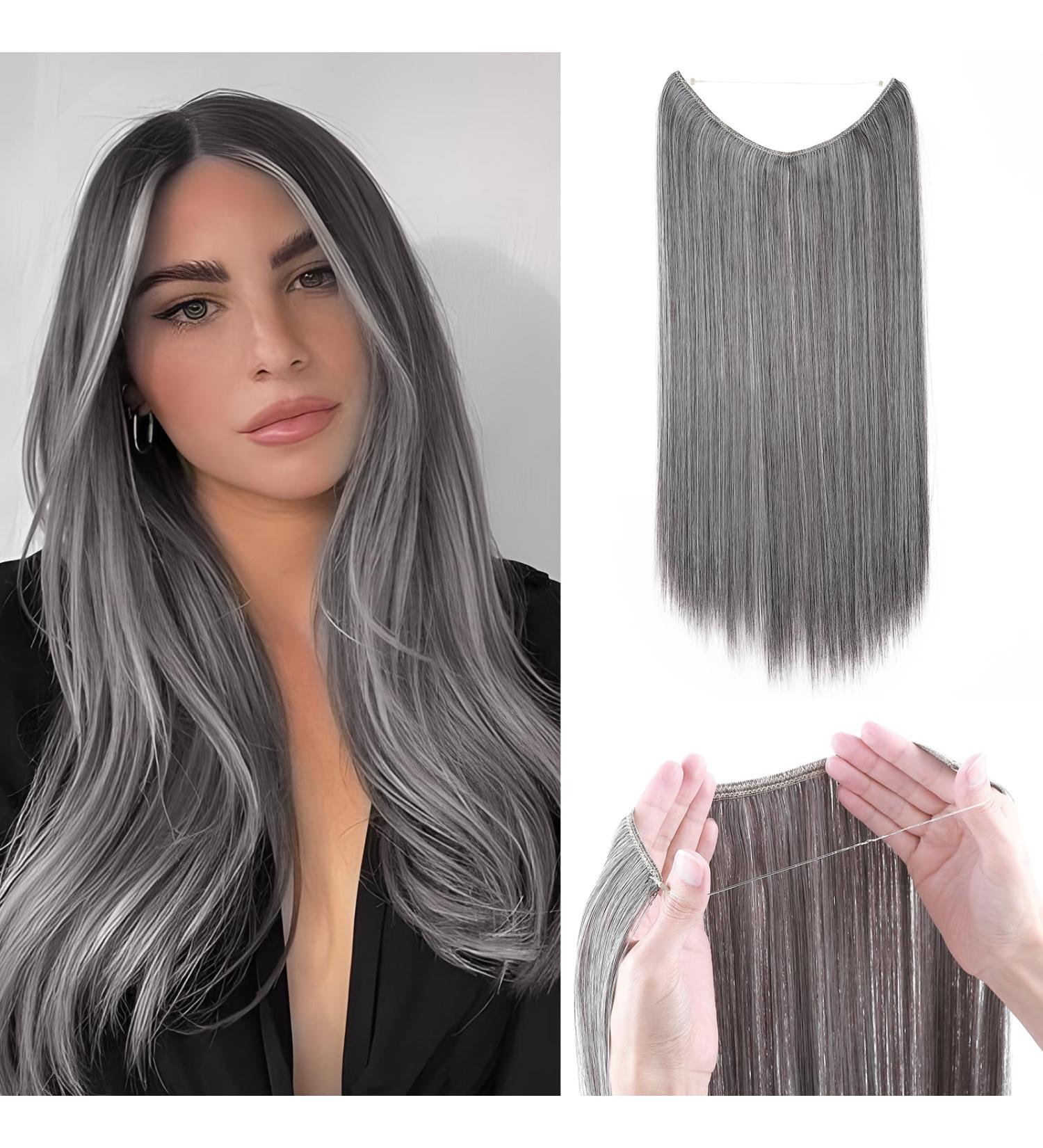 SEGOHAIR Invisible Wire Hair Extensions One Piece Hair Extensions Synthetic Hair Extension 20 inch Long Straight No Clip in Hairpieces Hair Pieces for Women-Dark Brown mix Silver Grey - Buy Online on GoSupps.com