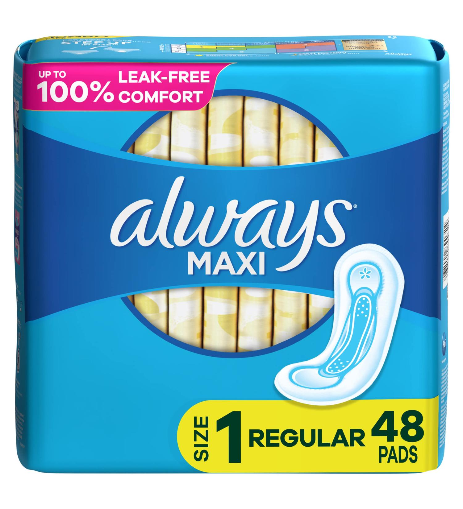 Always Maxi Feminine Pads Size 1 Regular Absorbency 48 Count Pack - Unscented - Buy Online on GoSupps.com