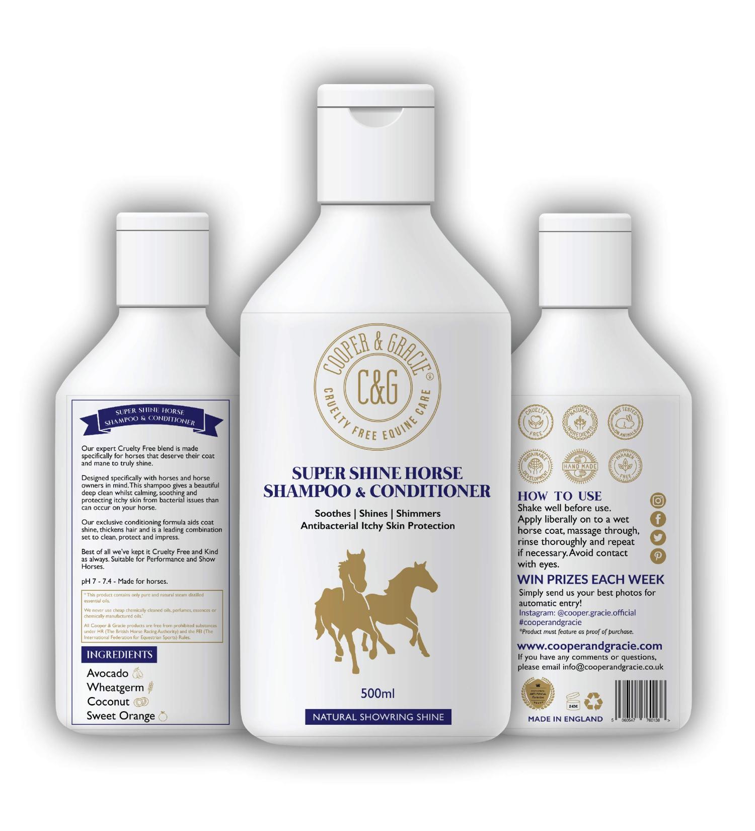 C&G Pets - Super Shine Horse Shampoo & Conditioner 500 ML - Antibacterial Protection Against Itching - Helps Coat Soothe Splinters - Cruelty Free - Calm - Buy Online on GoSupps.com