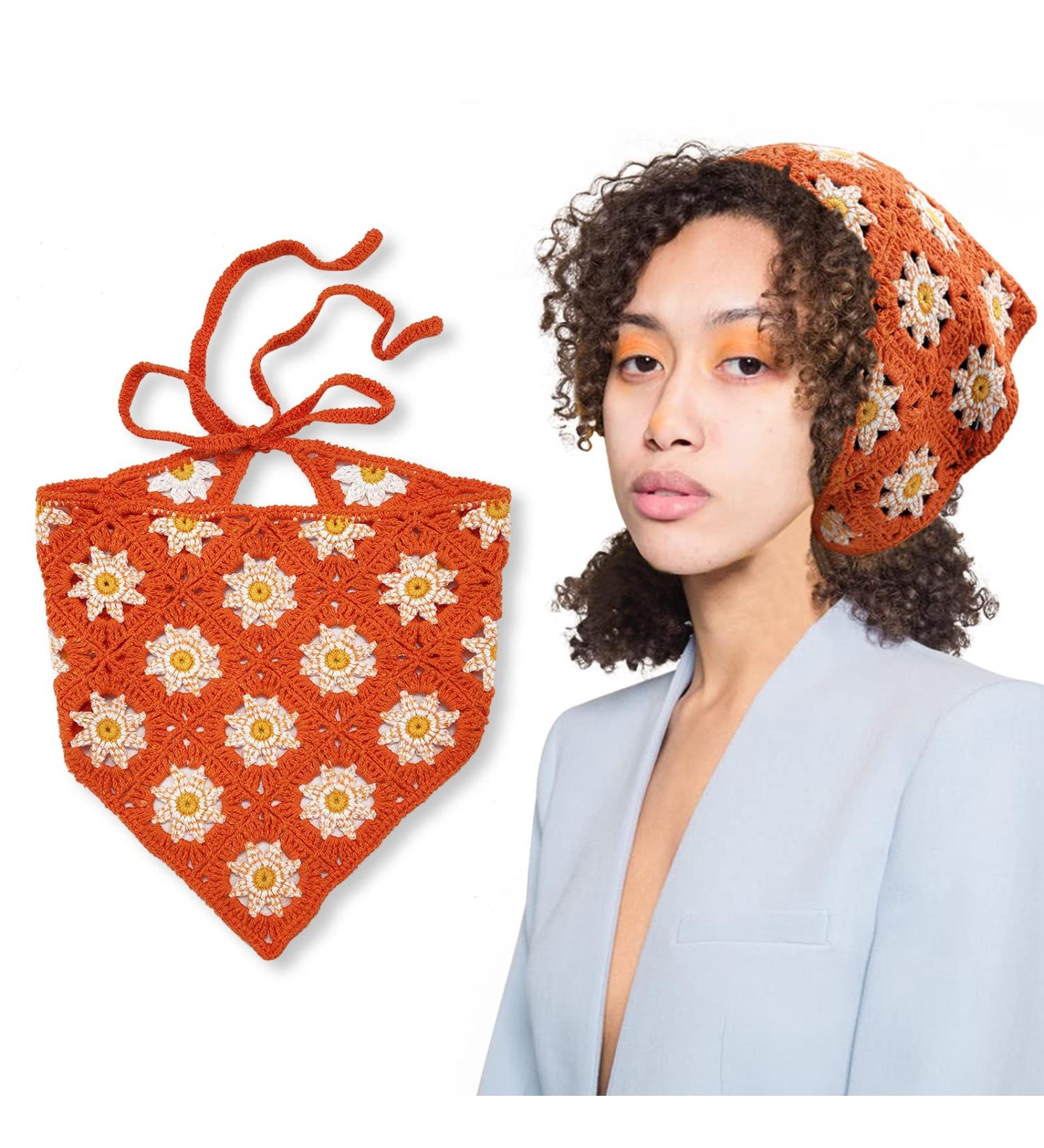 B.PHNE Floral Hair Scarf: Cute Boho Daisy Headband in Orange - Women's Crochet Bandana Headscarf for Vintage Style - Buy Online on GoSupps.com