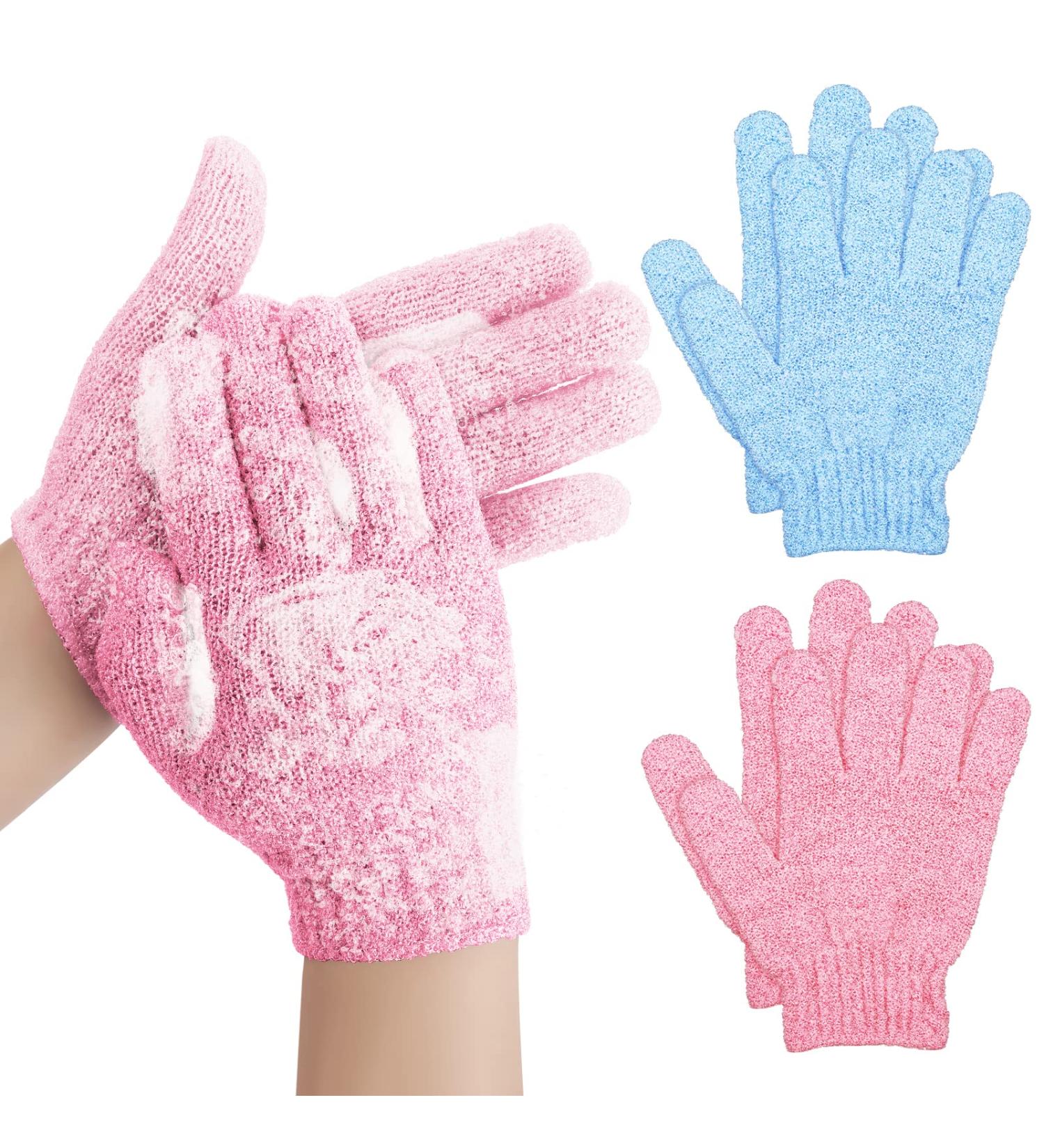 Sibba 2 Pair Exfoliating Bath Gloves - Natural Loofah Shower Wash Gloves for Body & Face Dead Skin Remover - Double Sided Microfiber for Adults & Kids (Pink & Blue - Buy Online on GoSupps.com