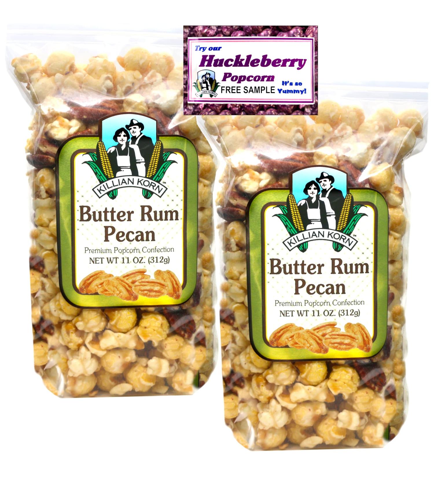 Killian Korn  Butter Rum Pecan Popcorn  "Sooo Yummy"  All Naturally Flavored Popcorn  Perfectly Popped Popcorn  11 oz (Pack of 2) + Includes-Free Huckleberry Gourmet Popcorn Sample Pack  .50 oz - Buy Online on GoSupps.com