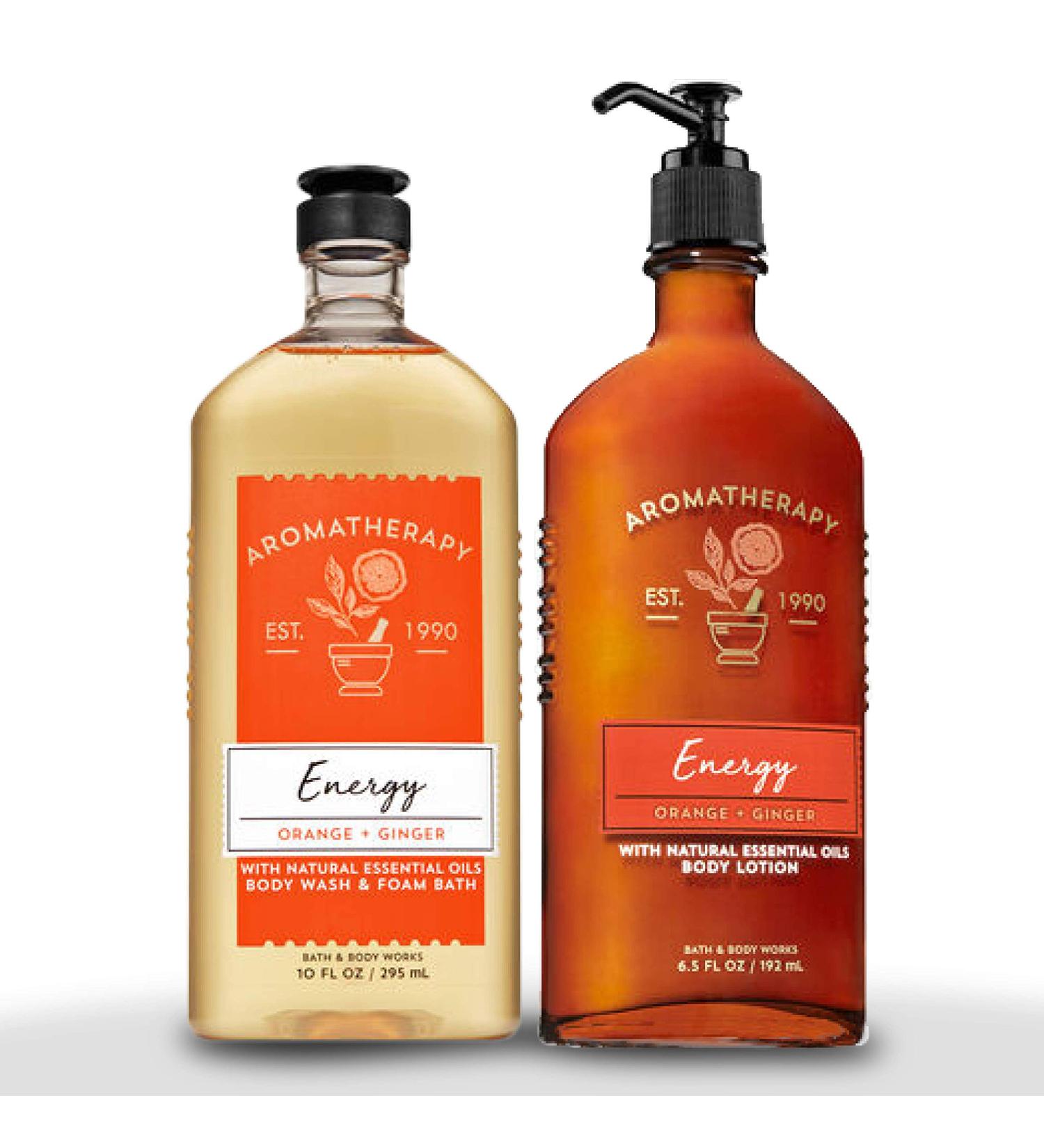 Bath & Body Works Aromatherapy Energy - Orange + Ginger Body Lotion, 6.5 Fl Oz + Body Wash & Foam Bath, 10 Fl Oz Orange Ginger