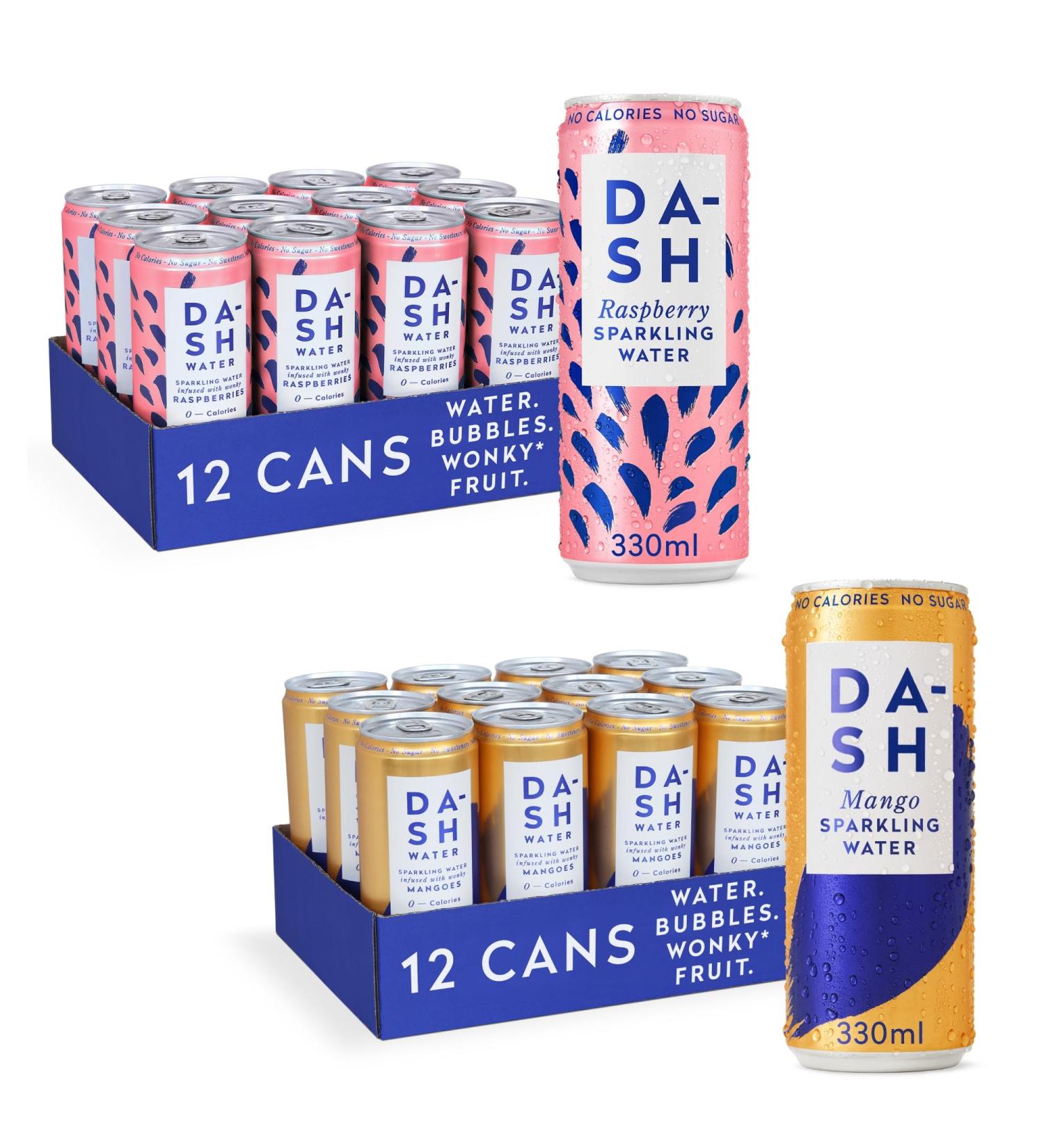Dash Water Raspberry & Mango - 24 x Flavoured Sparkling Spring Water NO Sugar NO Sweetener NO Calories - Infused with Wonky Fruit (12 Raspberry & 12 Mango x 330ml cans) - Buy Online on GoSupps.com