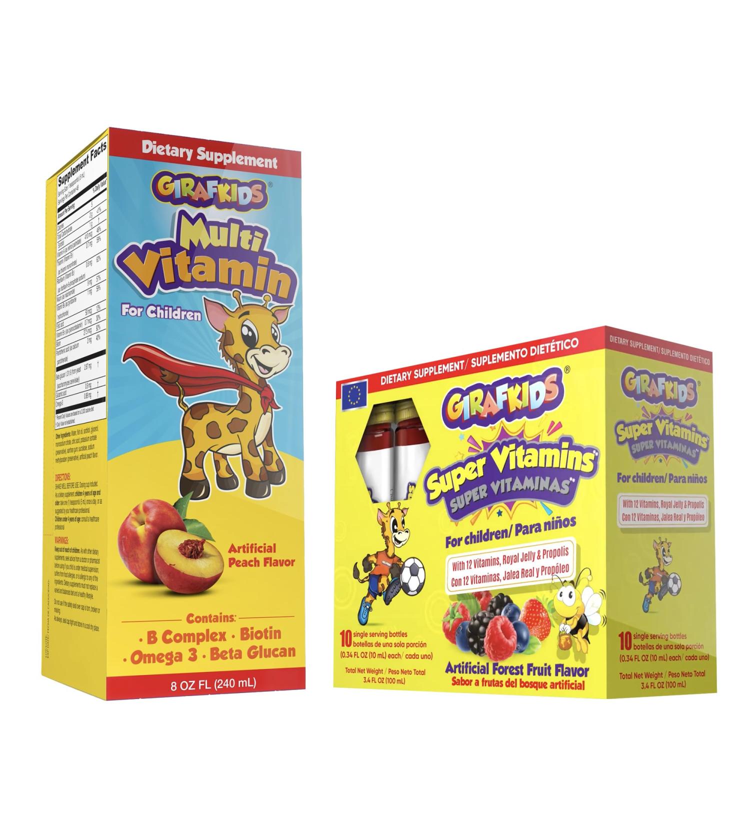 GirafKids Multivitamin Syrup + Super Vitamins Liquid Bundle for Kids Ages 4+ | Omega-3 Beta Glucan Royal Jelly & Propolis | Peach & Forest Fruit Flavors - Buy Online on GoSupps.com