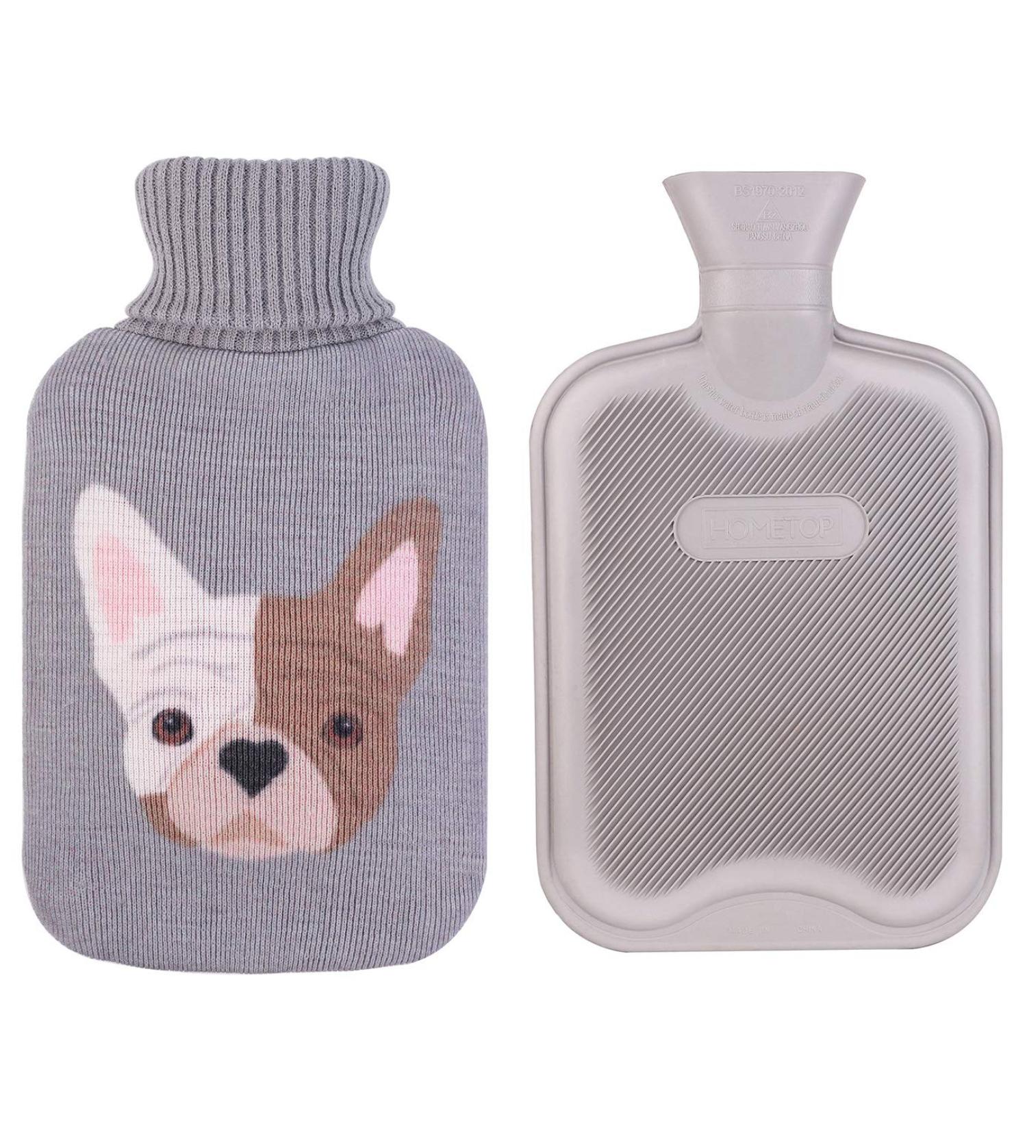 HomeTop Premium 2L Classic Rubber Hot Water Bottle with Cute Bulldog Knit Cover - Gray - Buy Online on GoSupps.com