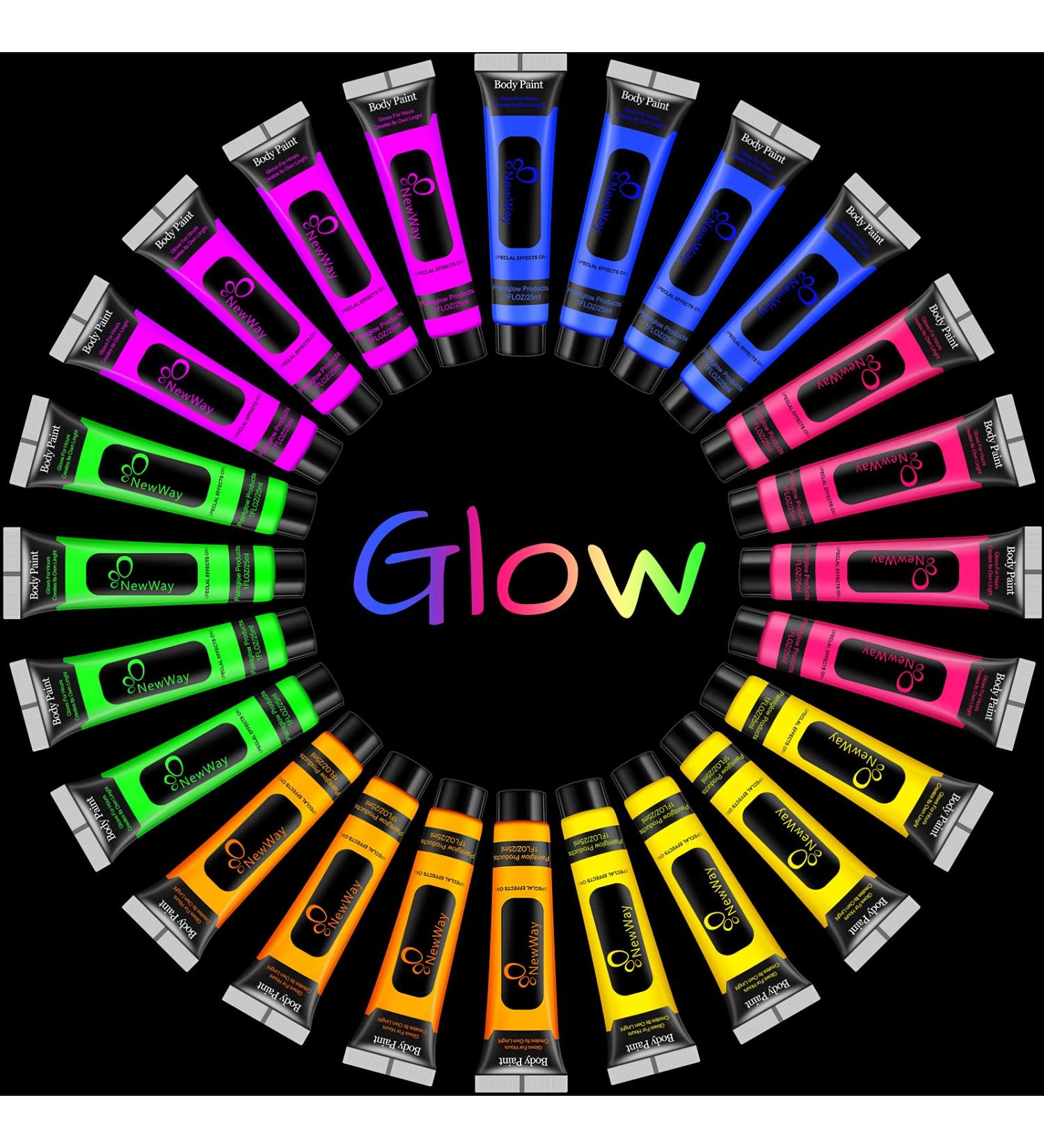 NewWay Glow in the Dark Body Paint Set - 24 Pcs Neon Colors for Party, Cosplay - UV Light Makeup & Blacklight Paint - 1 FL.Oz Each - Buy Online on GoSupps.com