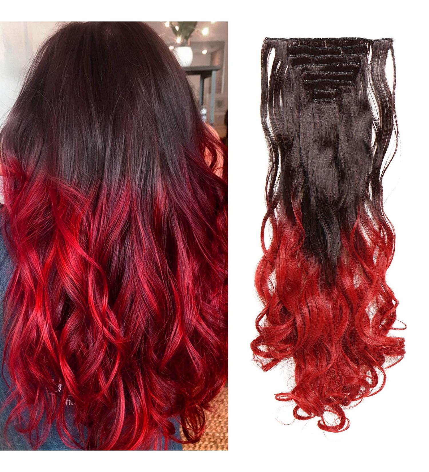 24 Inch Curly Clip-in Hair Extension 8 Pcs Full Head Heat-Resistant Dark Brown to Dark Red - Buy Online on GoSupps.com