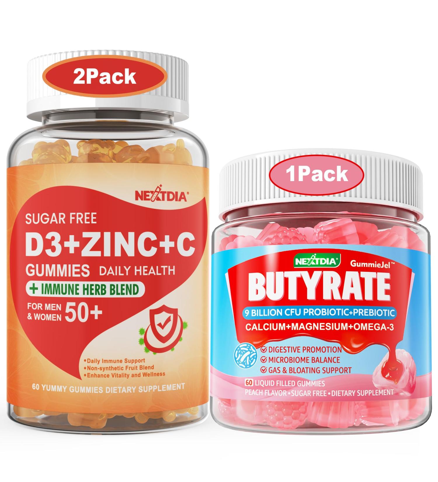 Nextdia 2 Pack Sugar Free Vitamin C + D3 + Zinc Gummies for Adults 50+ + 1 Pack Butyrate Gummies - Buy Online on GoSupps.com