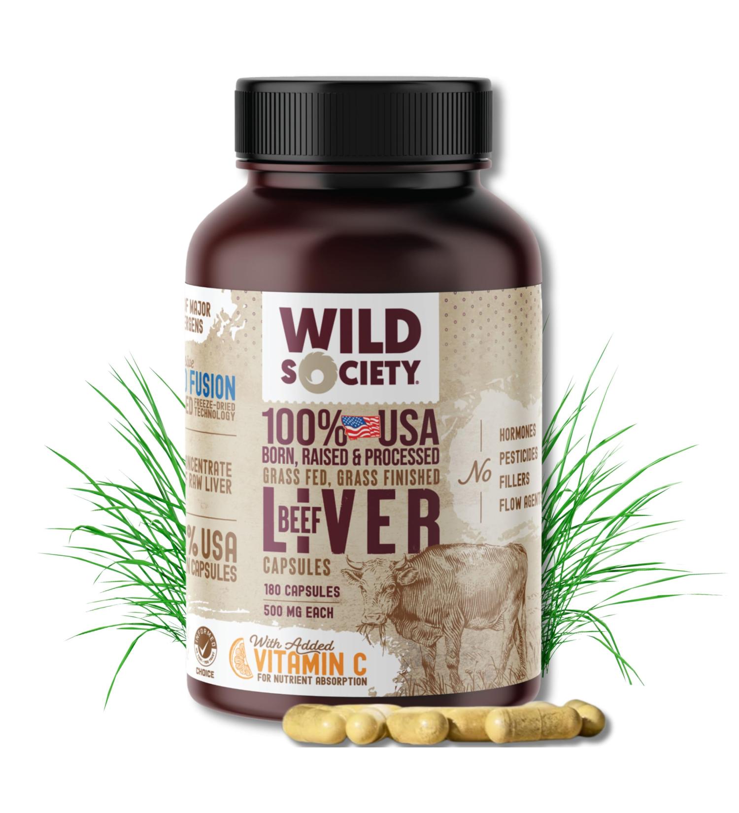 WILD SOCIETY - USA Grass Fed Beef Liver Capsules - 3000mg Max Strength for Energy Stamina Natural Detox Hair & Nail - Non GMO Allergen Free Beef Liver Supplement - 180 Desiccated Capsules - Buy Online on GoSupps.com
