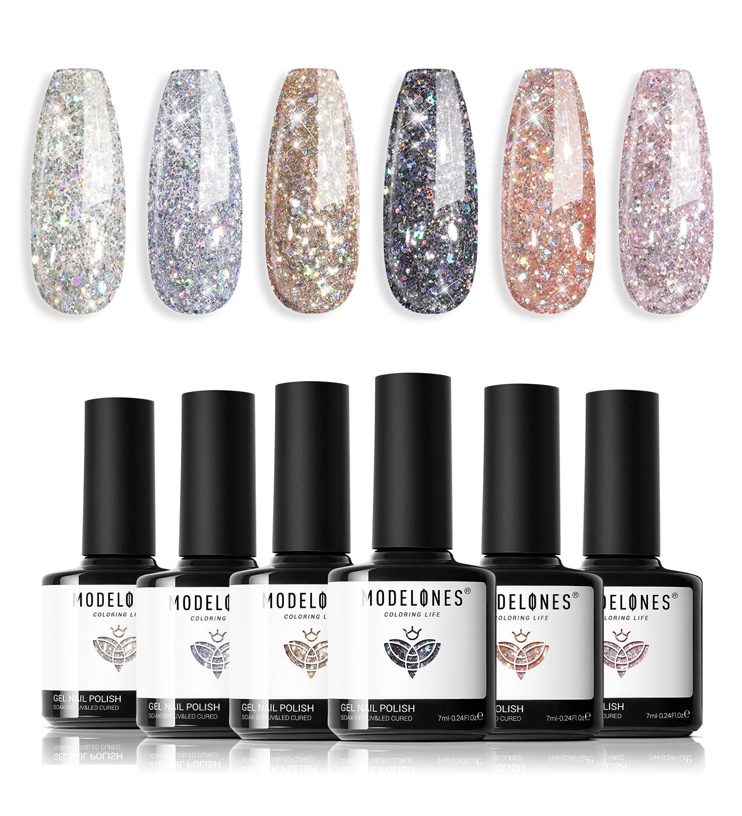 Modelones Glitter Gel Nail Polish - 6 Colors Sparkle Black Silver Gold Pink Gel Polish Set Soak Off UV Gel Nail Starter Kit Popular Nail Art DIY Salon Home Manicure Gifts - Buy Online on GoSupps.com