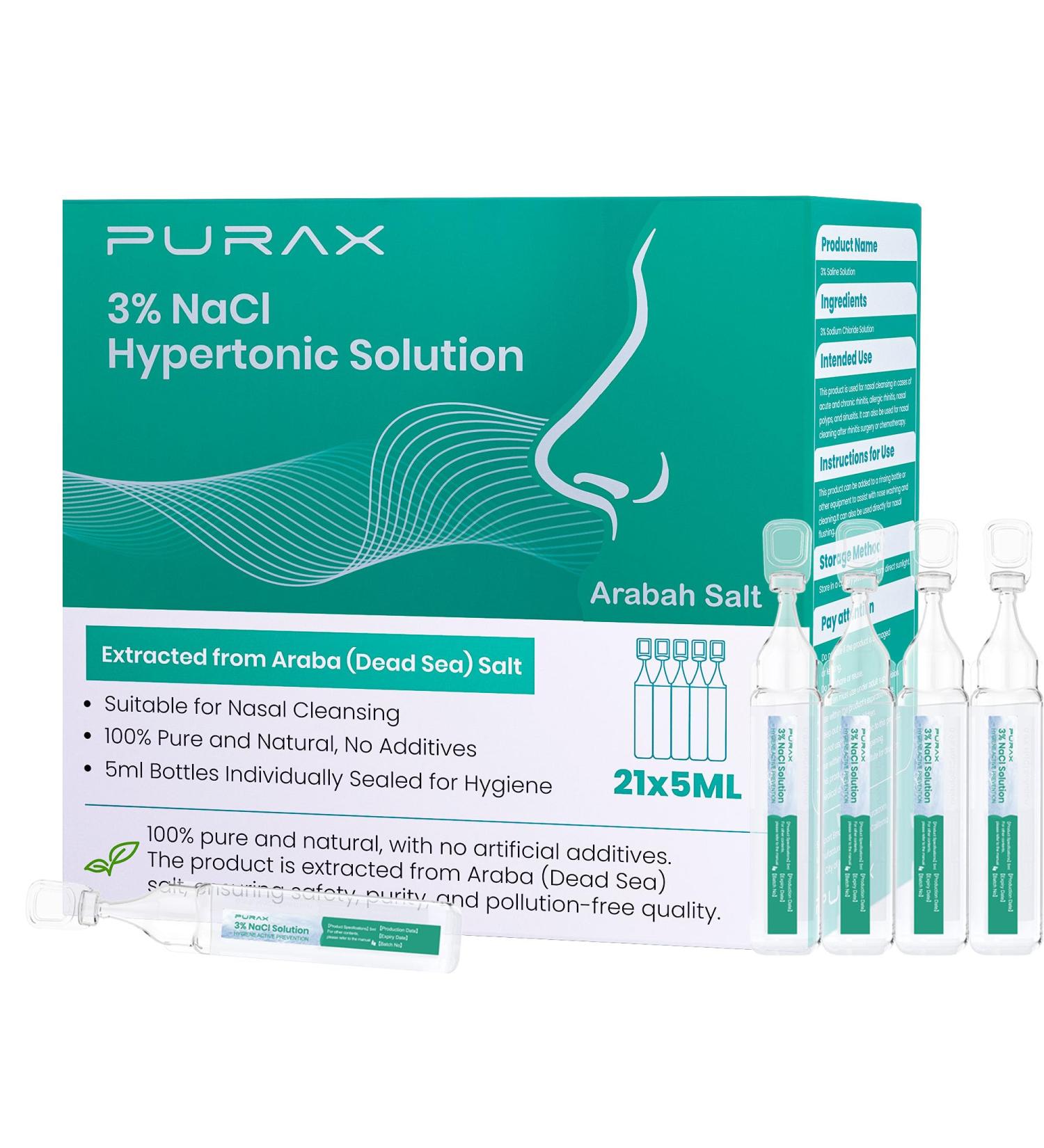 PURAX Saline Solution 3% Hypertonic Saline Solution for Nose Nasal Cleanse for Adults and Kids- 21 Count (5ml Each) - Buy Online on GoSupps.com