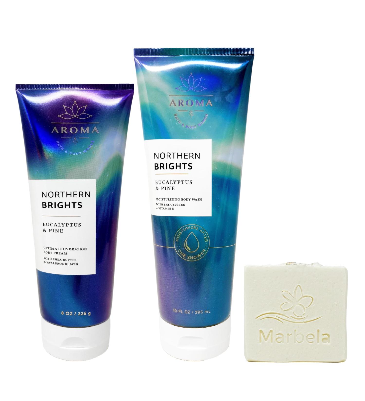 Bath and Body Works Aroma Northern Brights Eucalyptus & Pine Gift Set - Moisturizing Body Wash Body Cream & Natural Oats Bar Soap - Full Size - Ideal for International Shipping - Buy Online on GoSupps.com