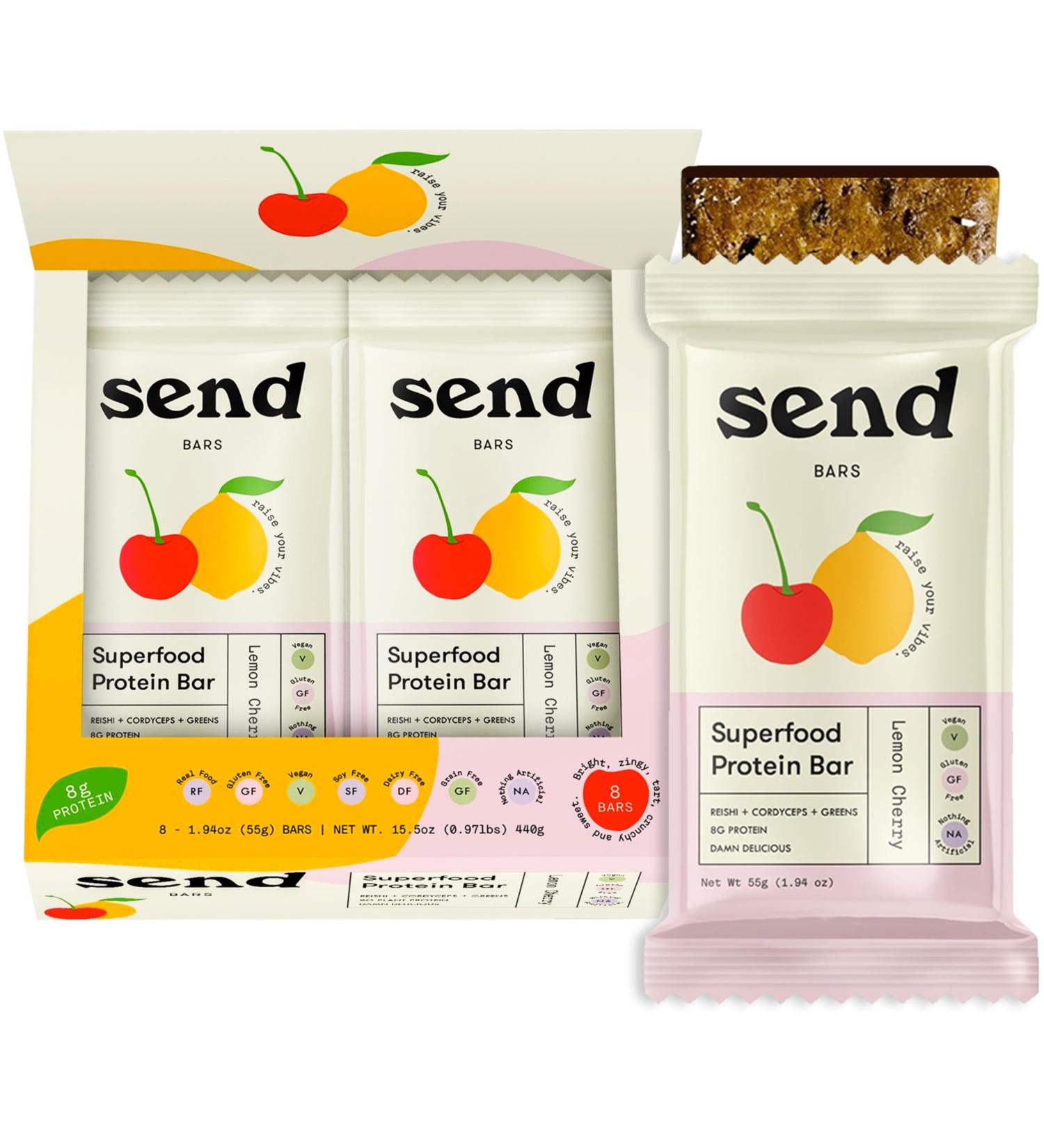 Send Bars Plant Protein Bars with Greens - Lemon Cherry (8 Bars) | Boost Focus & Stress Tolerance with Organic Ingredients - Buy Online on GoSupps.com