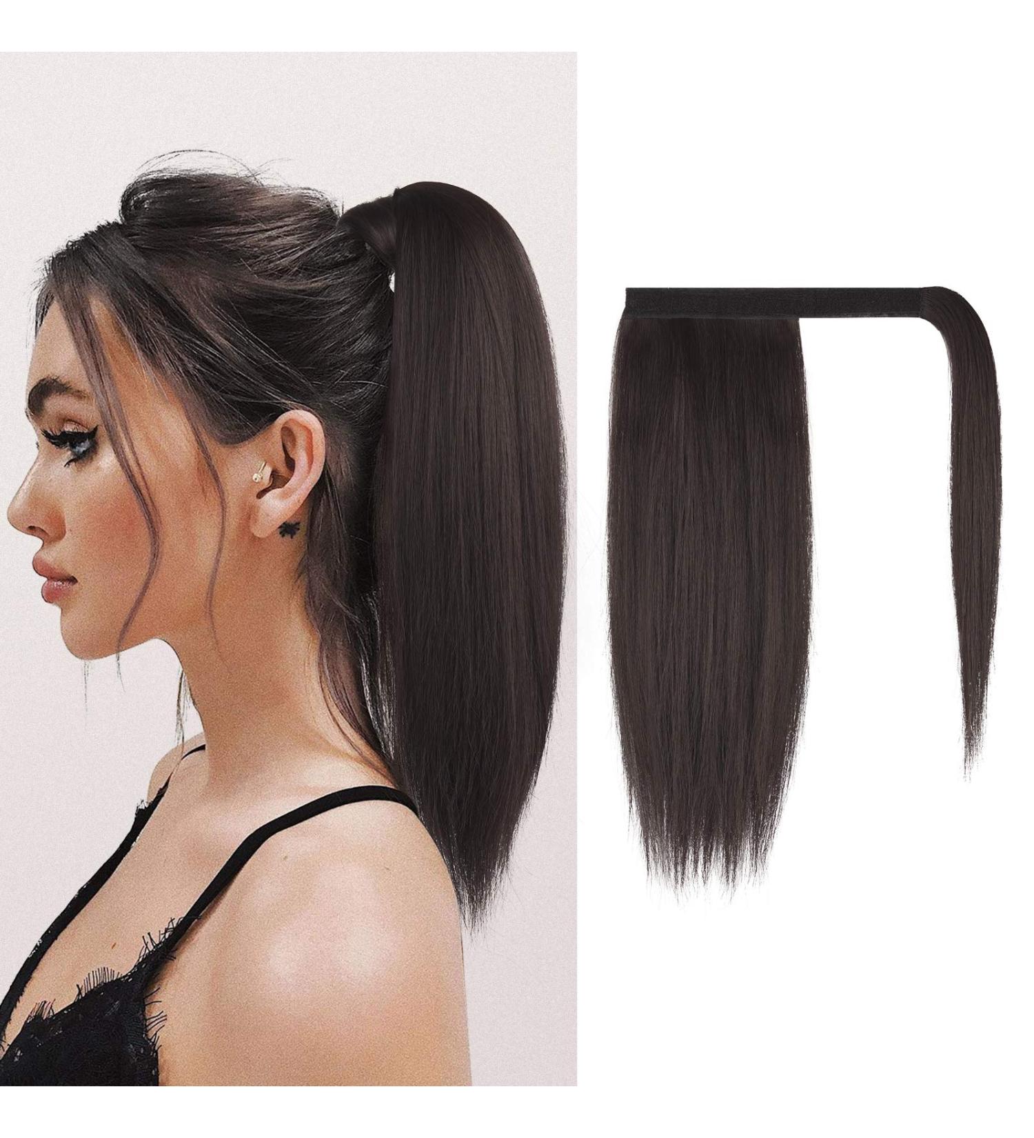 FESHFEN Straight Ponytail Extension | Natural Long Ponytail Hairpiece Medium Brown 12 | Clip in Synthetic Wrap Around Ponytail for Women Girls - Buy Online on GoSupps.com