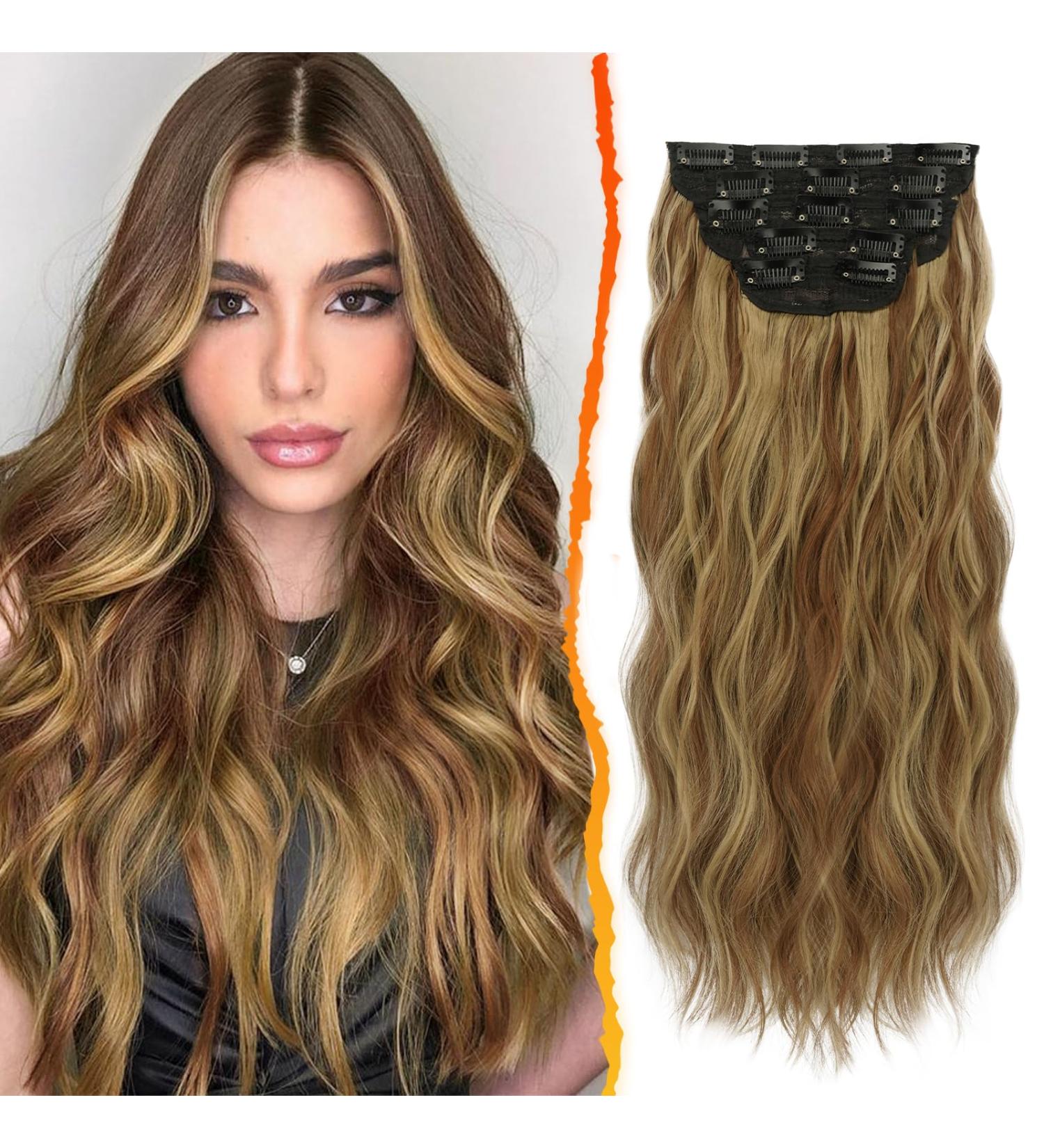 BARSDAR Clip In Extensions - 5 PCs Long Wavy Synthetic Hair 45 cm Toffee Brown with Gold Blonde Highlights for Women & Girls - Buy Online on GoSupps.com