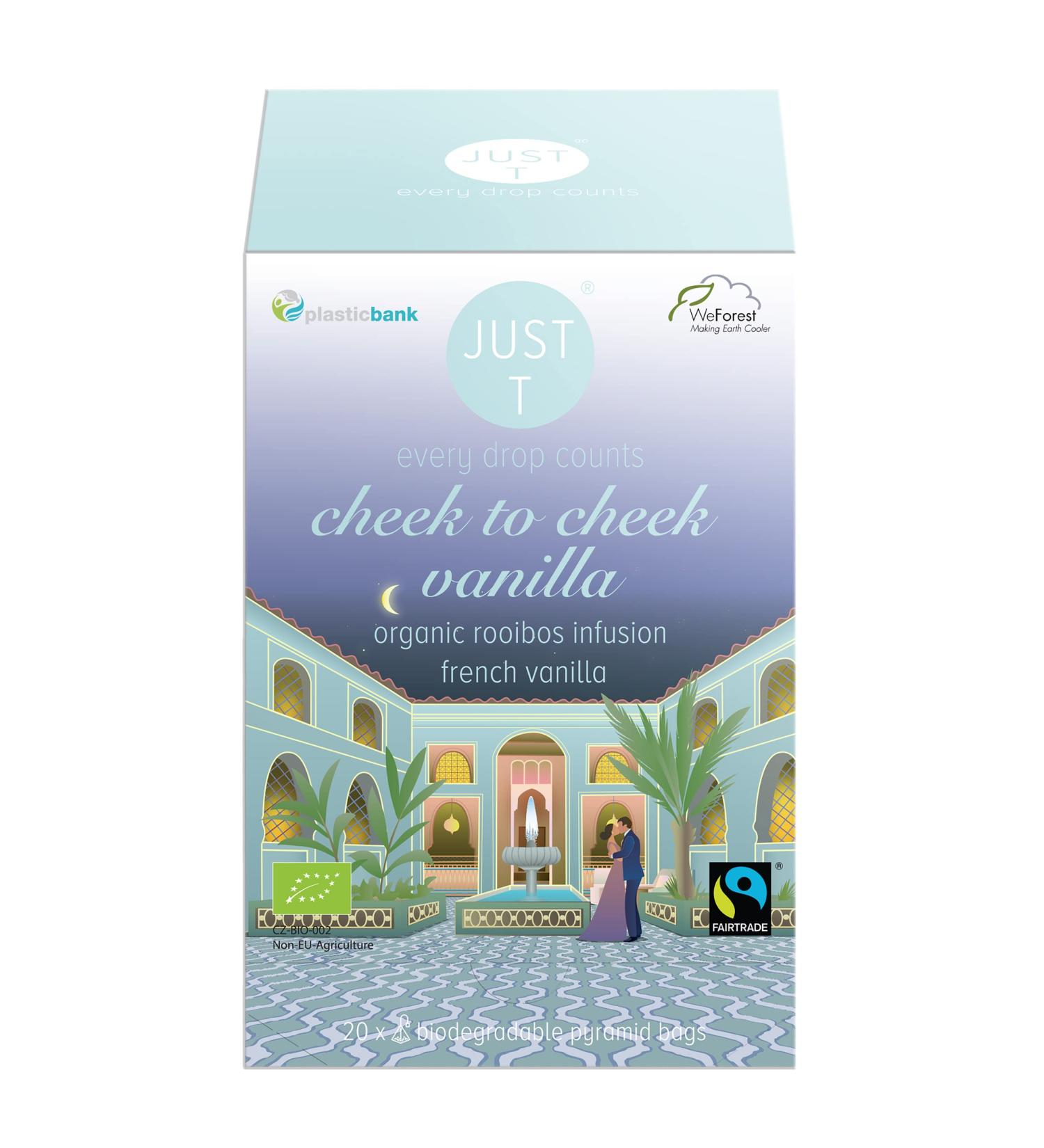 Just T Cheek to Cheek Vanilla Organic Rooibos Tea Bags (20 pcs) | French Vanilla Infused | Biodegradable Pyramid Bags | High-Grown Leaf Tea - Buy Online on GoSupps.com