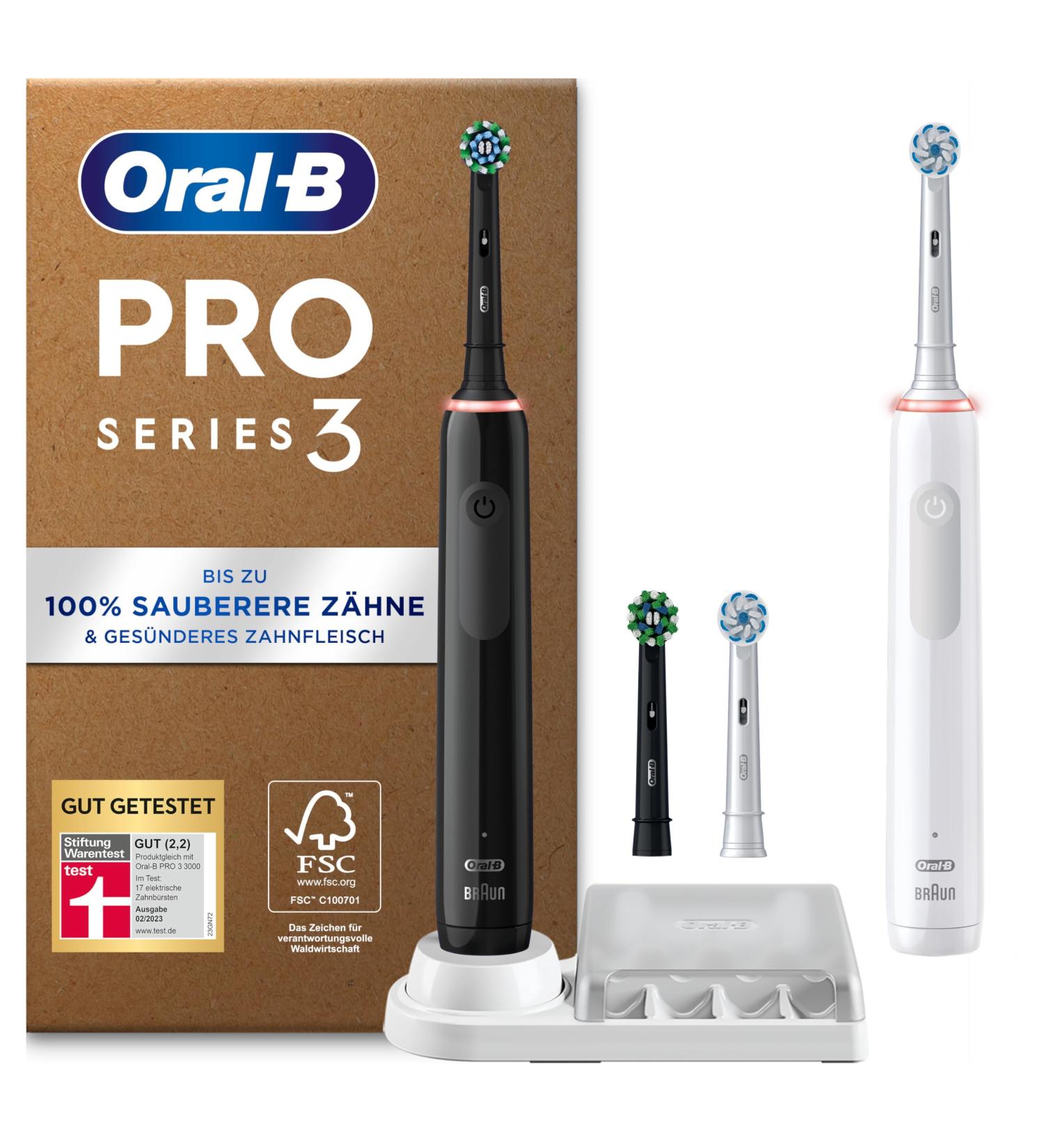 Oral-B Pro Series 3 Plus Edition Double Pack Electric Toothbrush | 4 Brush Heads | 360 Pressure Control | Eco-Friendly Packaging | Black/White Design - Buy Online on GoSupps.com