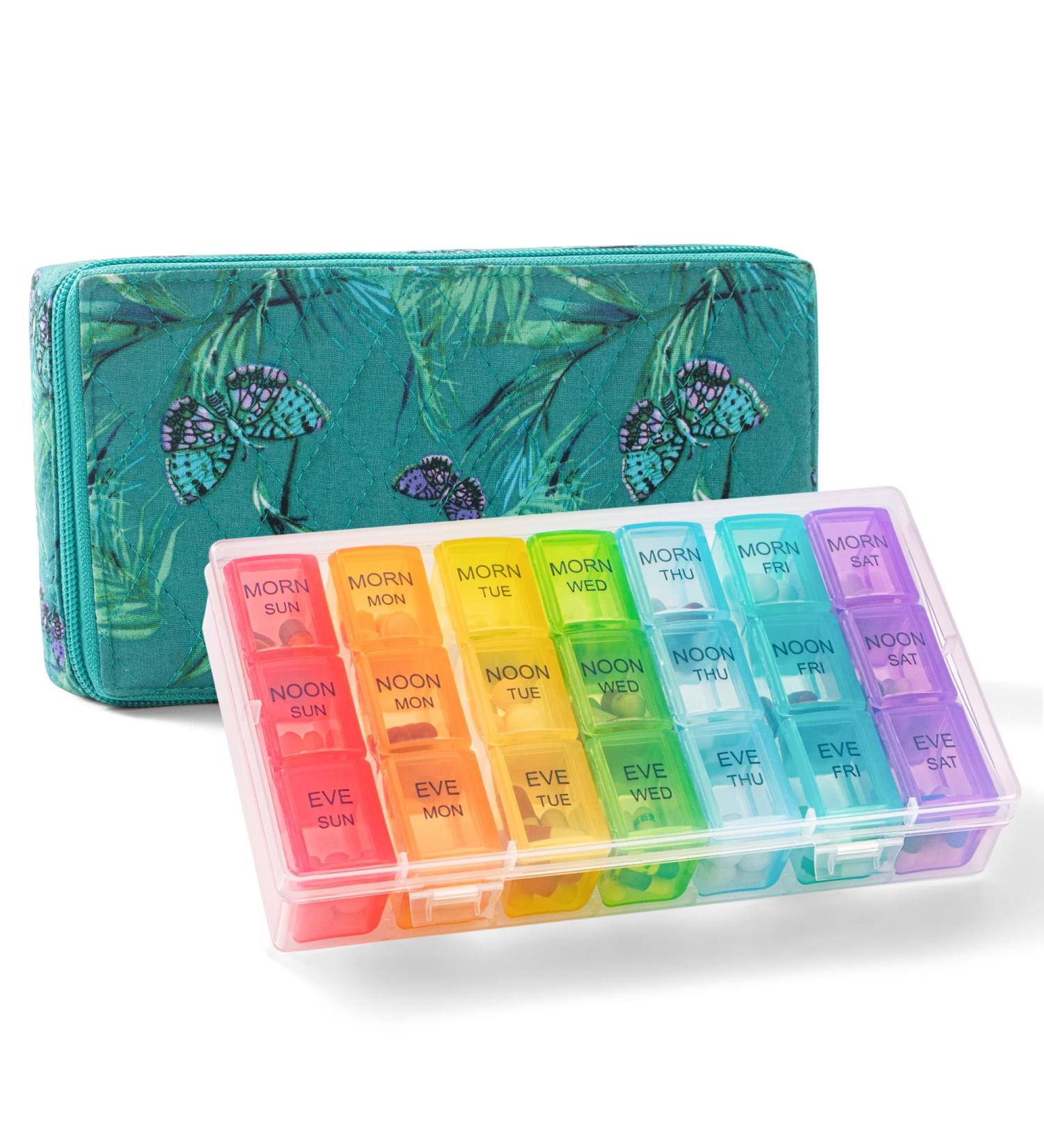 Weekly Pill Organizer 3 Times a Day | Travel Pill Case with Quilted Zipper Bag | 7 Day Vitamin & Medicine Organizer - Green Butterfly - Buy Online on GoSupps.com