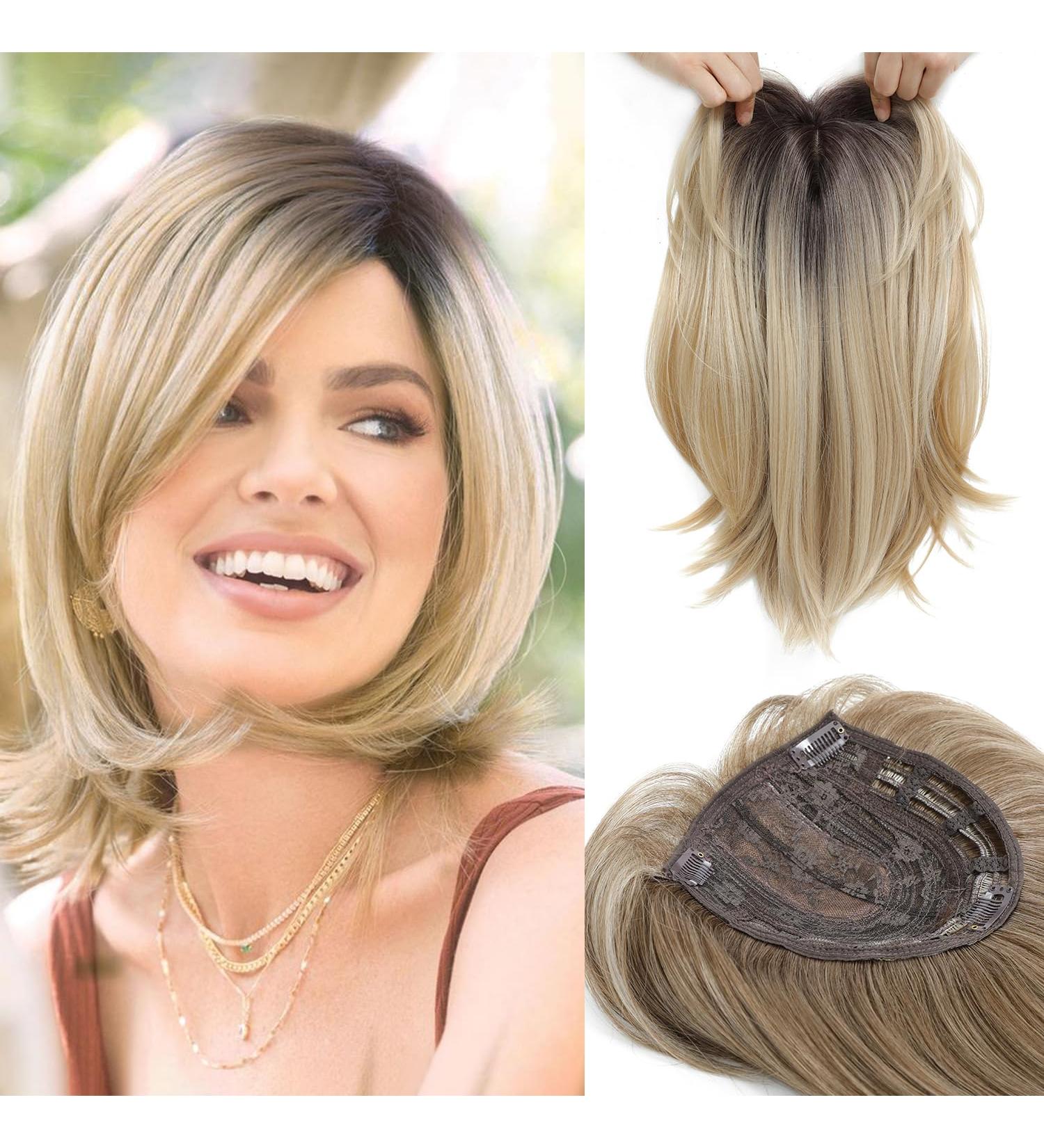 Morichy Large Base Ombre Blonde Hair Topper 12 Inch for Thinning Hair - Synthetic Wiglets for Women - Mix Blonde with Dark Root - Buy Online on GoSupps.com