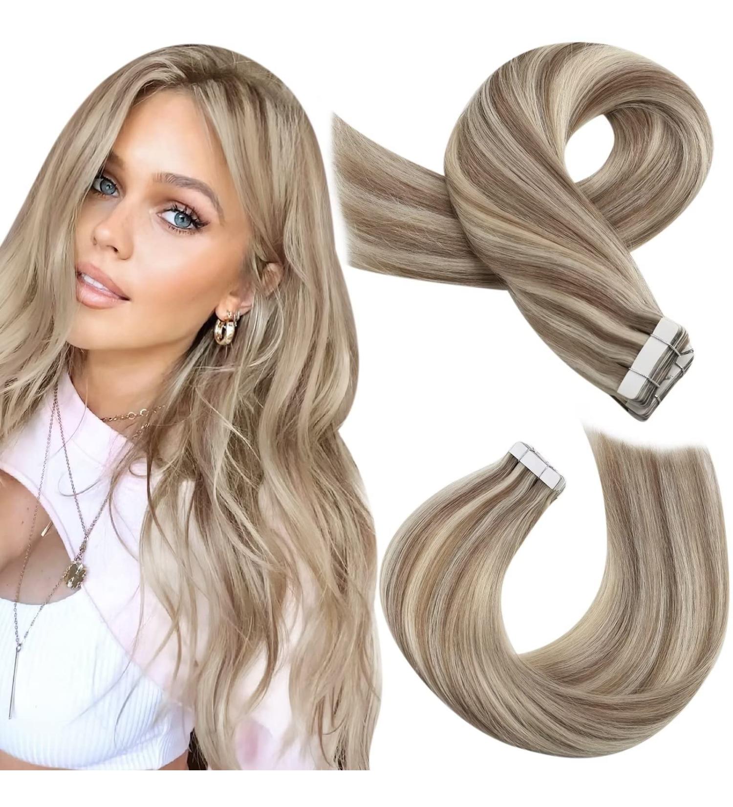 Moresoo 14 Inch Blonde Highlight Tape in Hair Extensions - Light Brown with Platinum Blonde Highlights, 20 Pieces/50g #P9A/60 - Buy Online on GoSupps.com