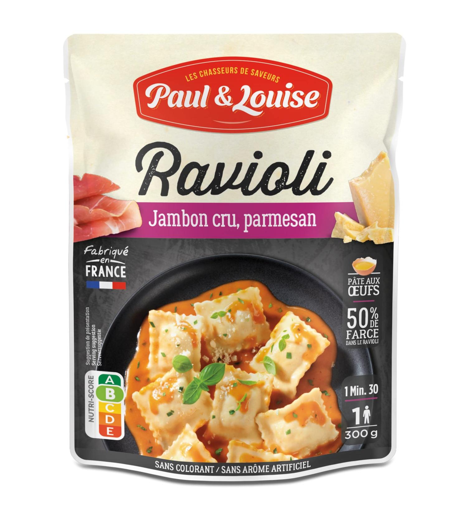 Paul & Louise Ravioli Raw Ham, Parmesan 300 g - Microwavable Bag - Ready in 1 minute 30 - Egg dough - 100% meat from France -