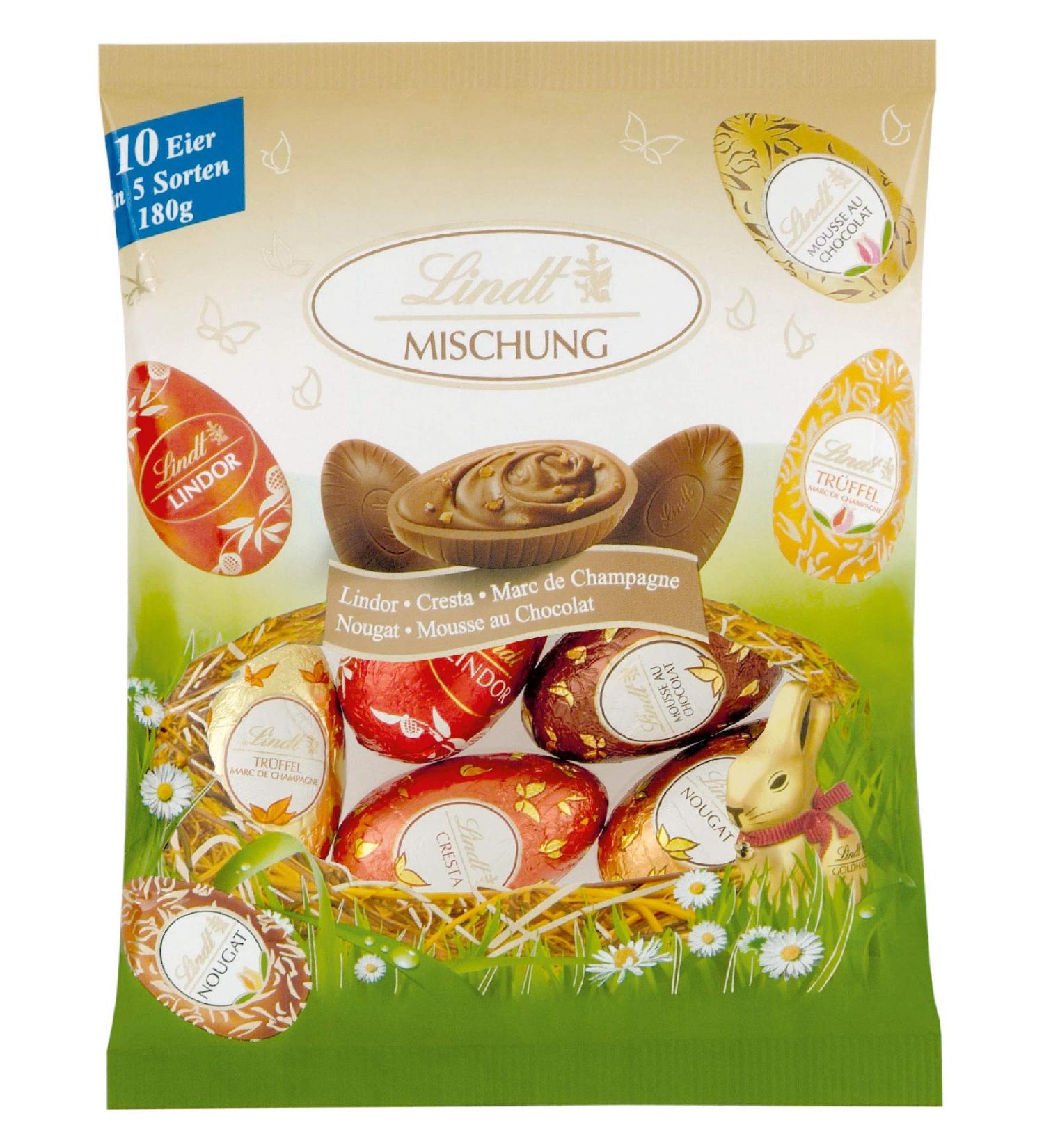 Lindt chocolate specialties mix eggs |2 x 180 g |Full milk eggs in five varieties with and without alcohol (Marc de Champagne Nougat Cresta Mousse au Chocolat Lindor Milk) |Easter chocolate specialties 180g