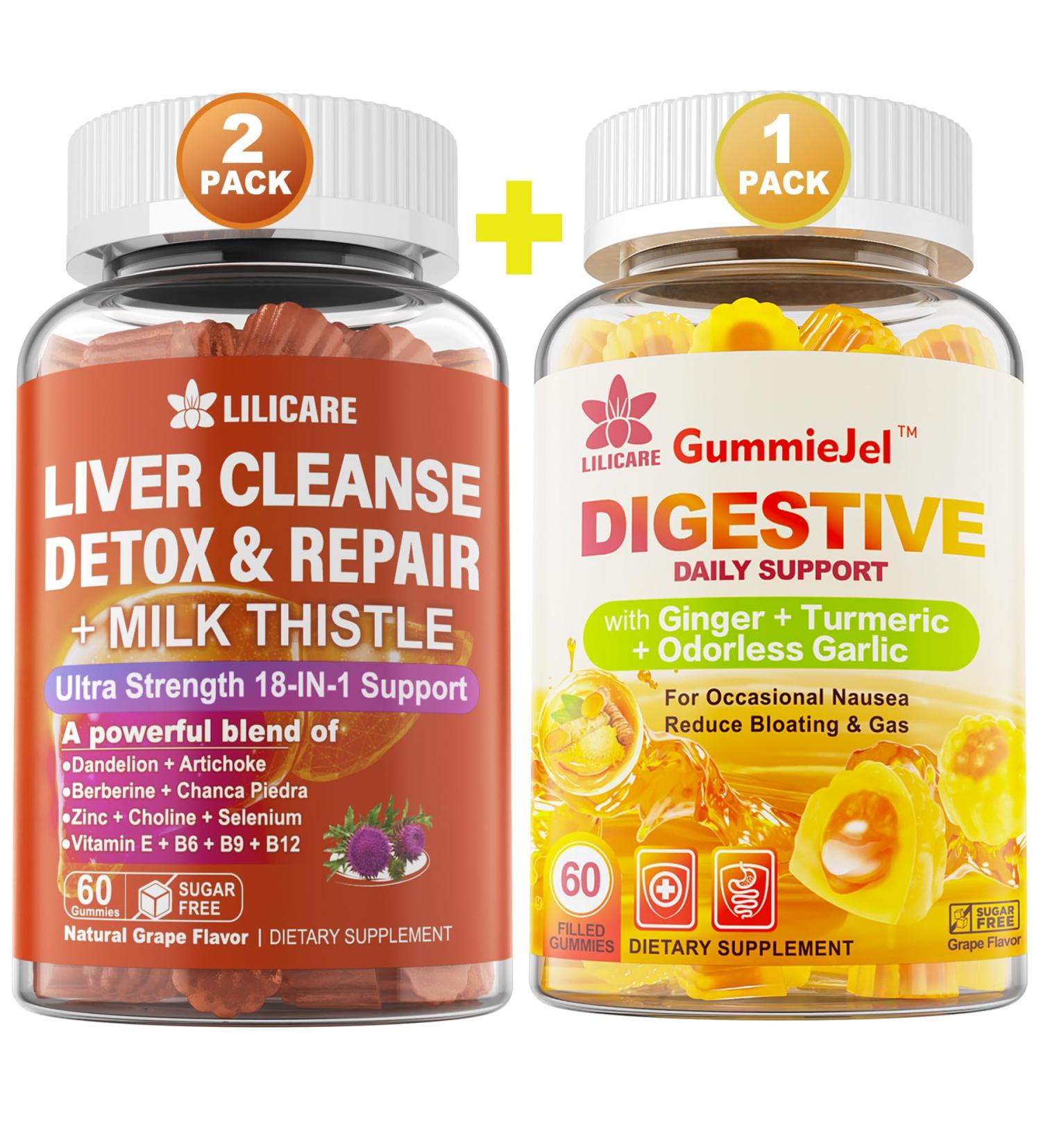 LILICARE Bundle Ginger Chews Supplement Gummies for Nausea Stomach Relief & Liver Cleanse Detox & Repair Gummies with Milk Thistle - Buy Online on GoSupps.com