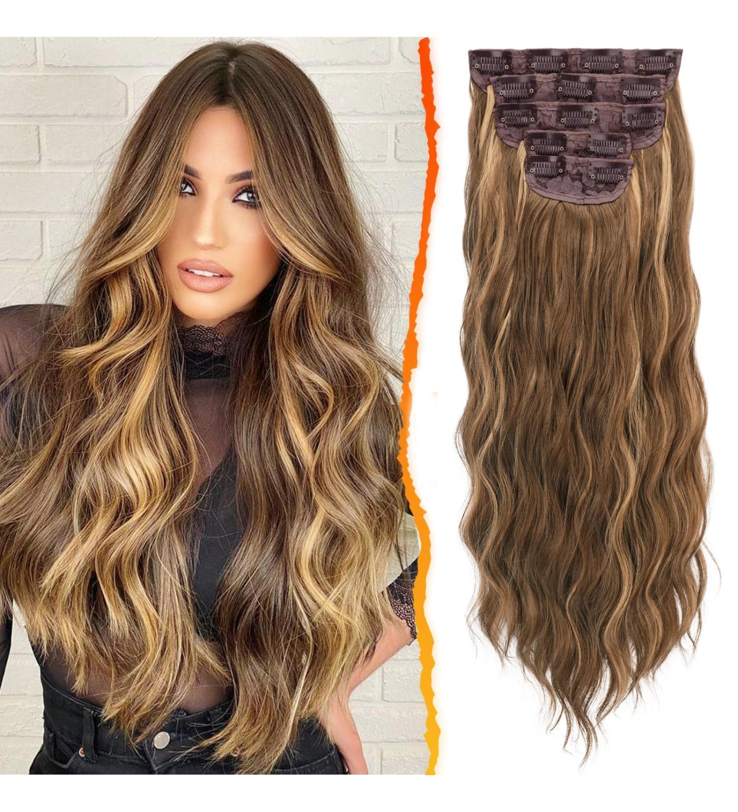 Barsdar 5-Piece Wavy Clip Hair Extensions - 50cm Thick Synthetic Highlights for Women & Girls - Brown & Caramel Blonde Perfect for Daily & Party Use - Buy Online on GoSupps.com