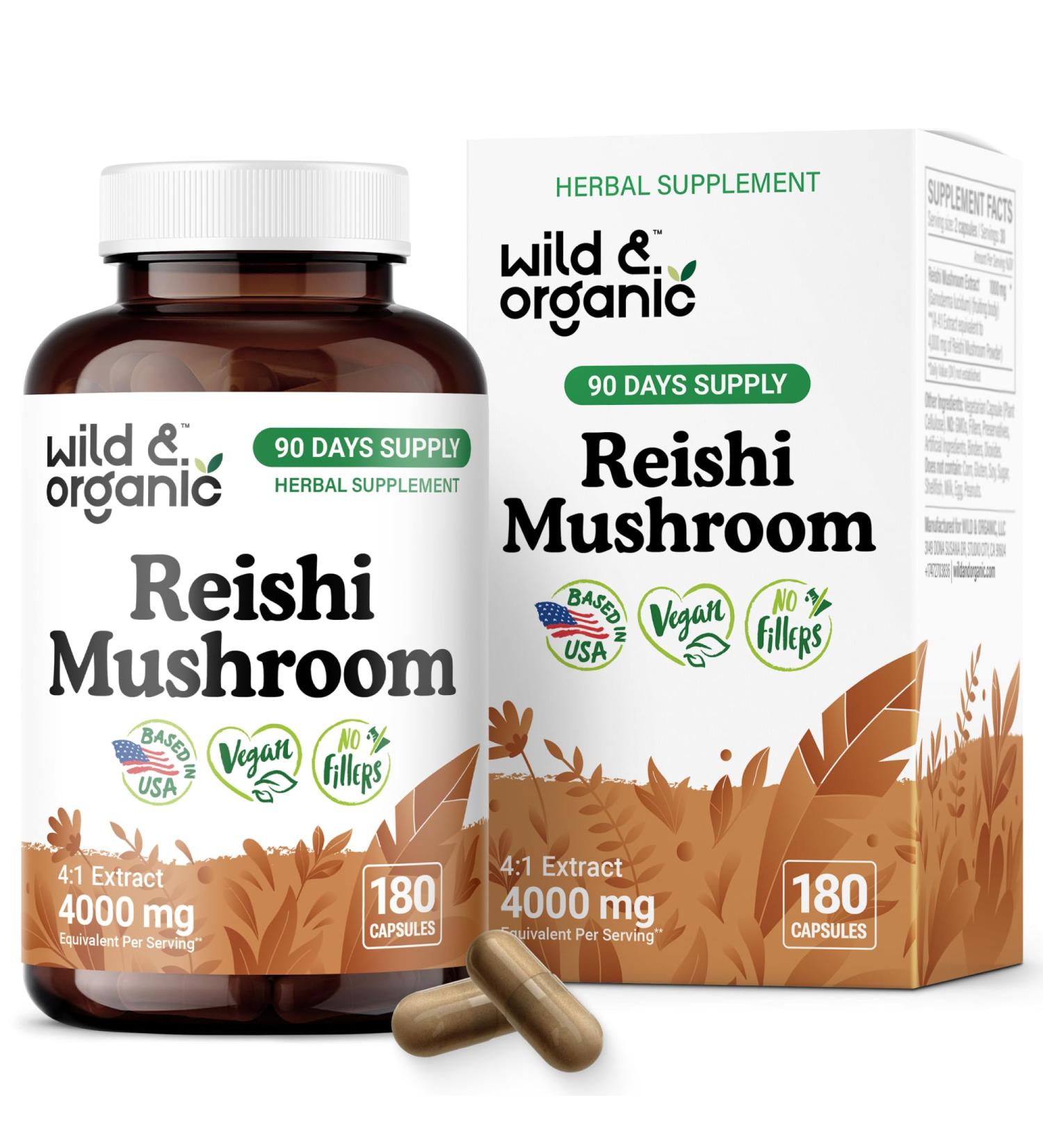 Wild & Organic Reishi Mushroom Capsules 1000 mg - Immune & Energy Support - Red Reishi Mushroom Extract - Ganoderma Lucidum Supplement - 180 Vegan Capsules - 90 Days of Supply Non-GMO Gluten-Free 180 Count (Pack of 1) - Buy Online on GoSupps.com
