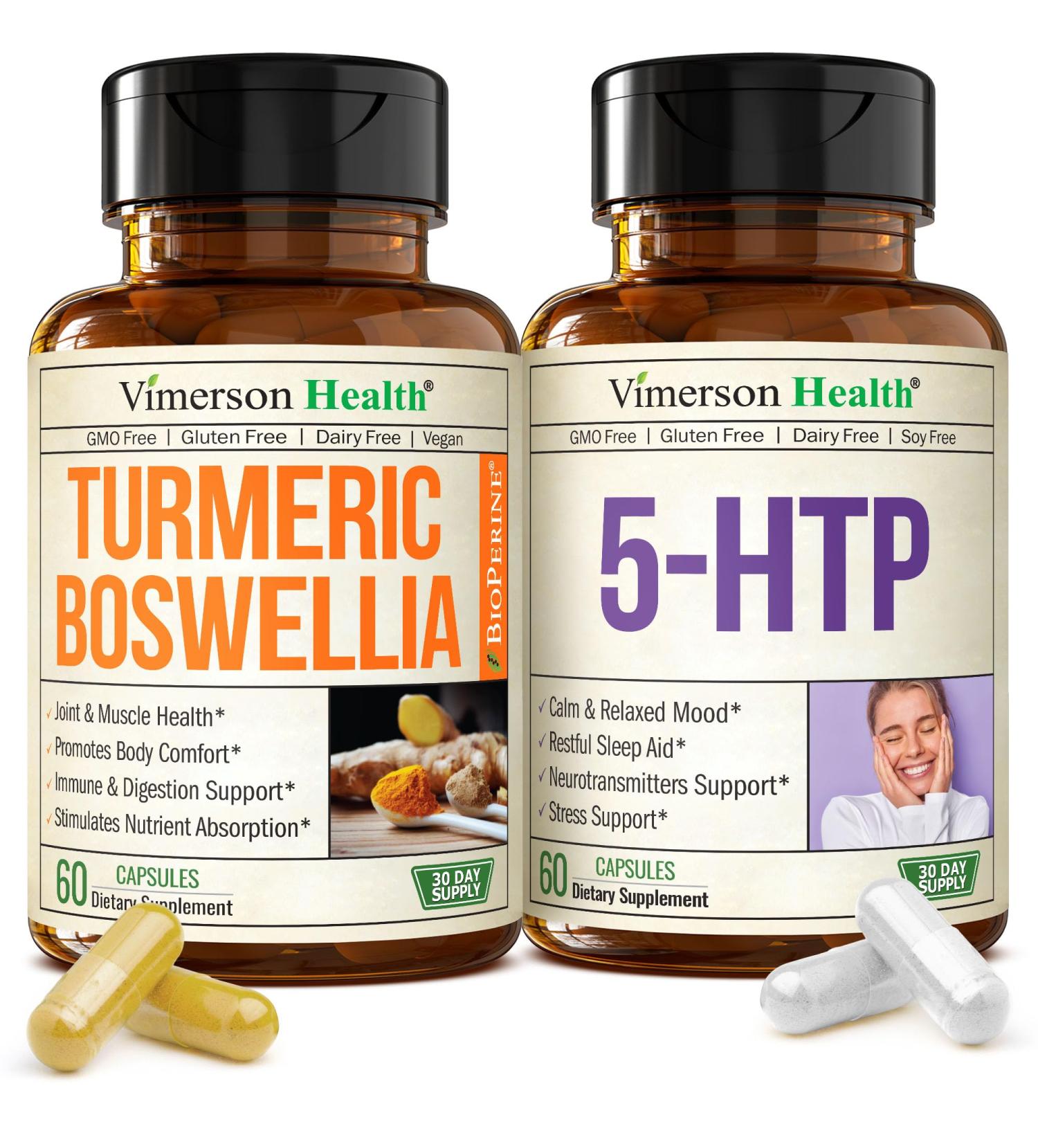 Boswellia Turmeric Curcumin Supplement + 5HTP Sleep Supplement Bundle Joint Health Support Sleep Aid & Occasional Stress Support with Ginger Root Organic Turmeric Powder 5 HTP & Calcium - Buy Online on GoSupps.com