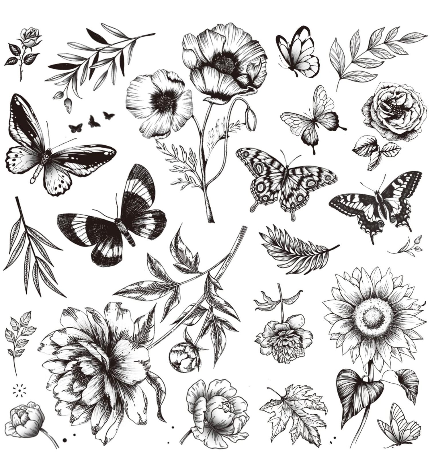 6 Sheets Tazimi Black Flower Butterfly Temporary Tattoos for Women - Waterproof, Long Lasting, Realistic Fake Tattoos for Arm, Legs, Chest - Body Art Sketch Stickers - Buy Online on GoSupps.com