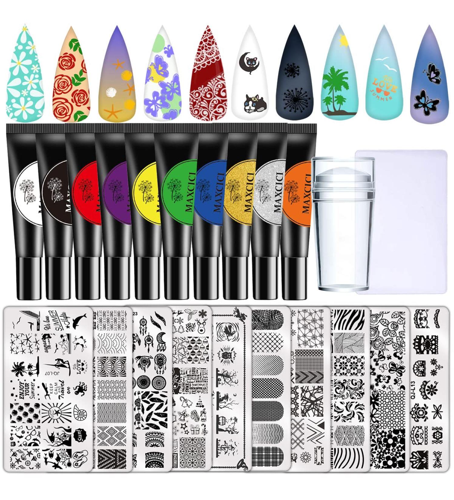 Nail Stamp Plate Gel Set - 22 pcs: Stamping Plates, Polishes, Stamper, Scaper, Templates - Flowers, Animals, Holidays, Summer, Lace Designs - Buy Online on GoSupps.com