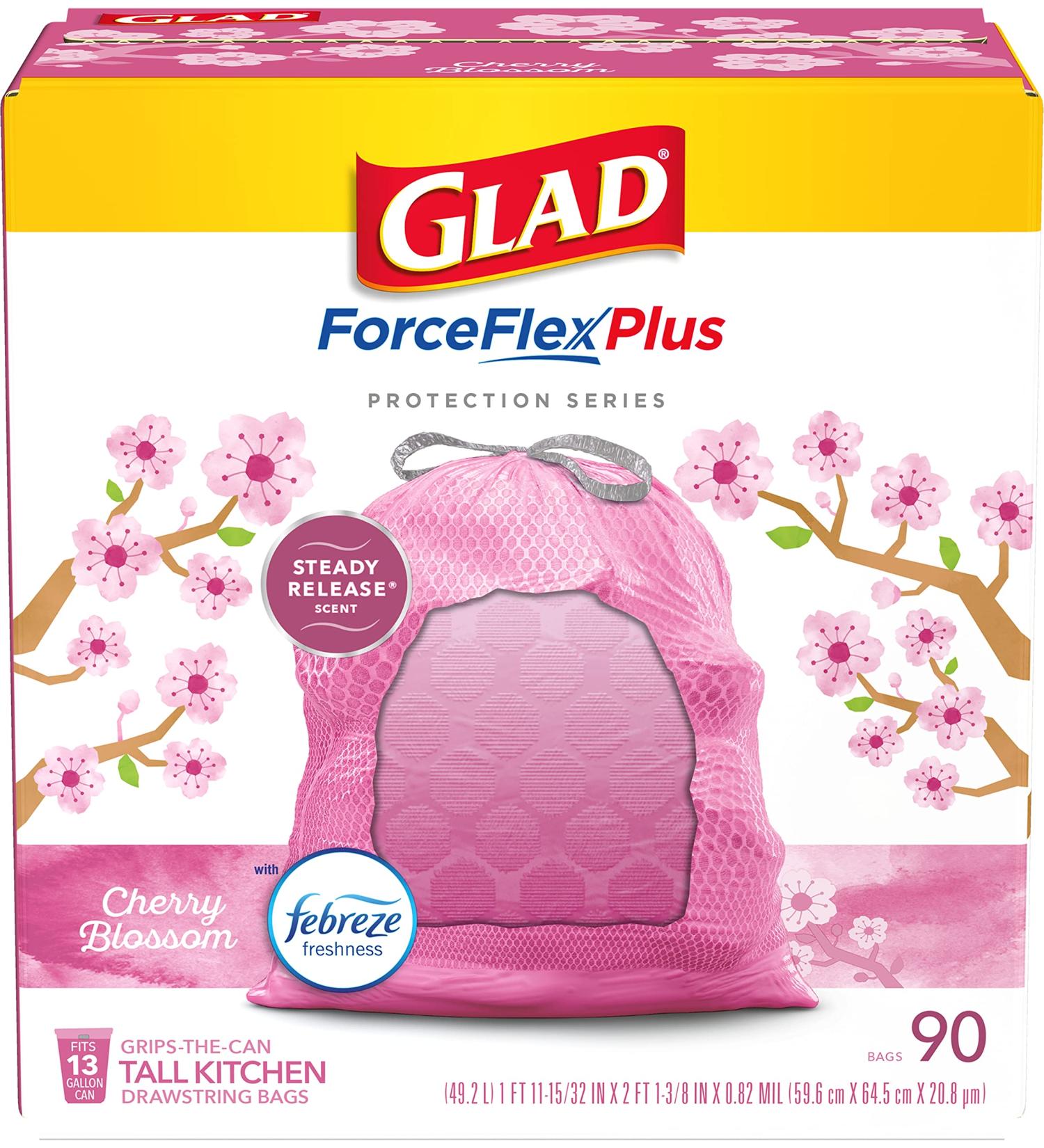 GLAD ForceFlex Plus Drawstring 13 Gallon Cherry Blossom Odor Shield Pink Trash Bags - 90 Count - Buy Online on GoSupps.com