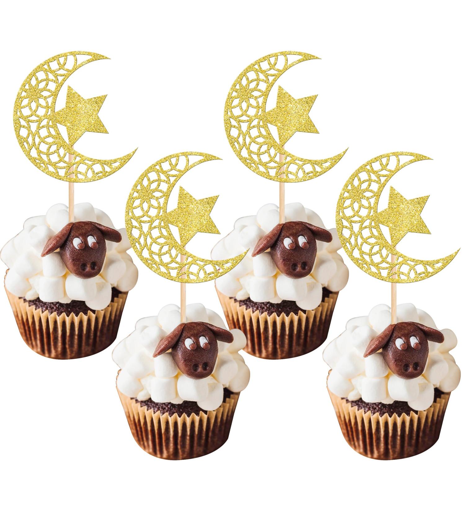Rsstarxi 24 Pack Gold Glitter Moon and Star Cupcake Toppers Eid Mubarak Cupcake Toppers Ramadan Kareem Party Cupcake Picks for Eid Islamic Muslim Party Cake Decorations Design 5 - Buy Online on GoSupps.com
