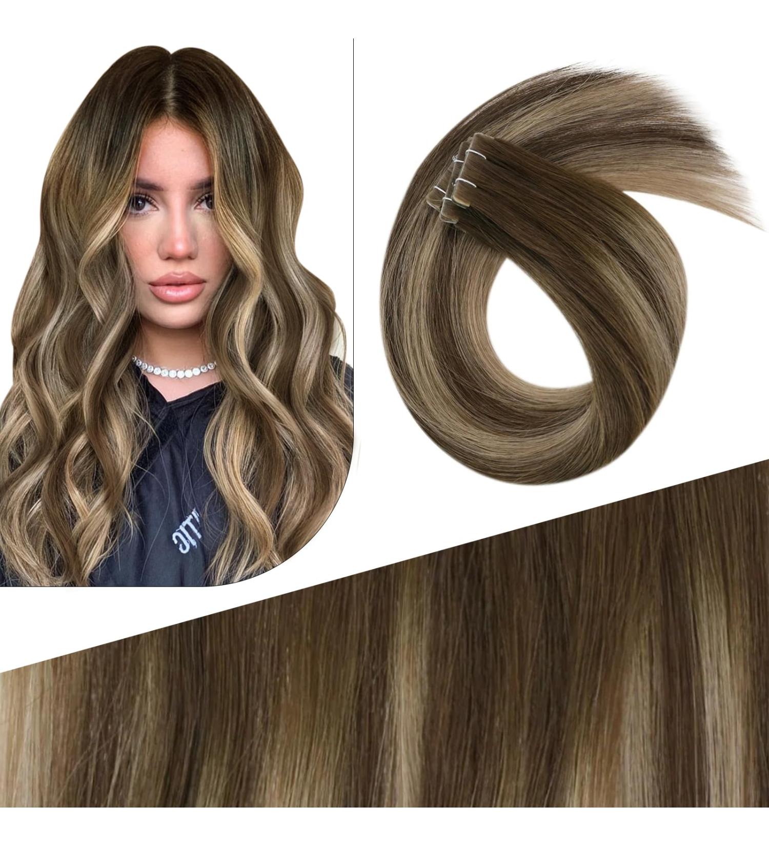 FSHINE Tape in Real Hair Extensions - Balayage 35cm 10 Pieces Dark Brown with Caramel Blonde Virgin Natural Hair for Women | #4/27/4 | 20g - Buy Online on GoSupps.com