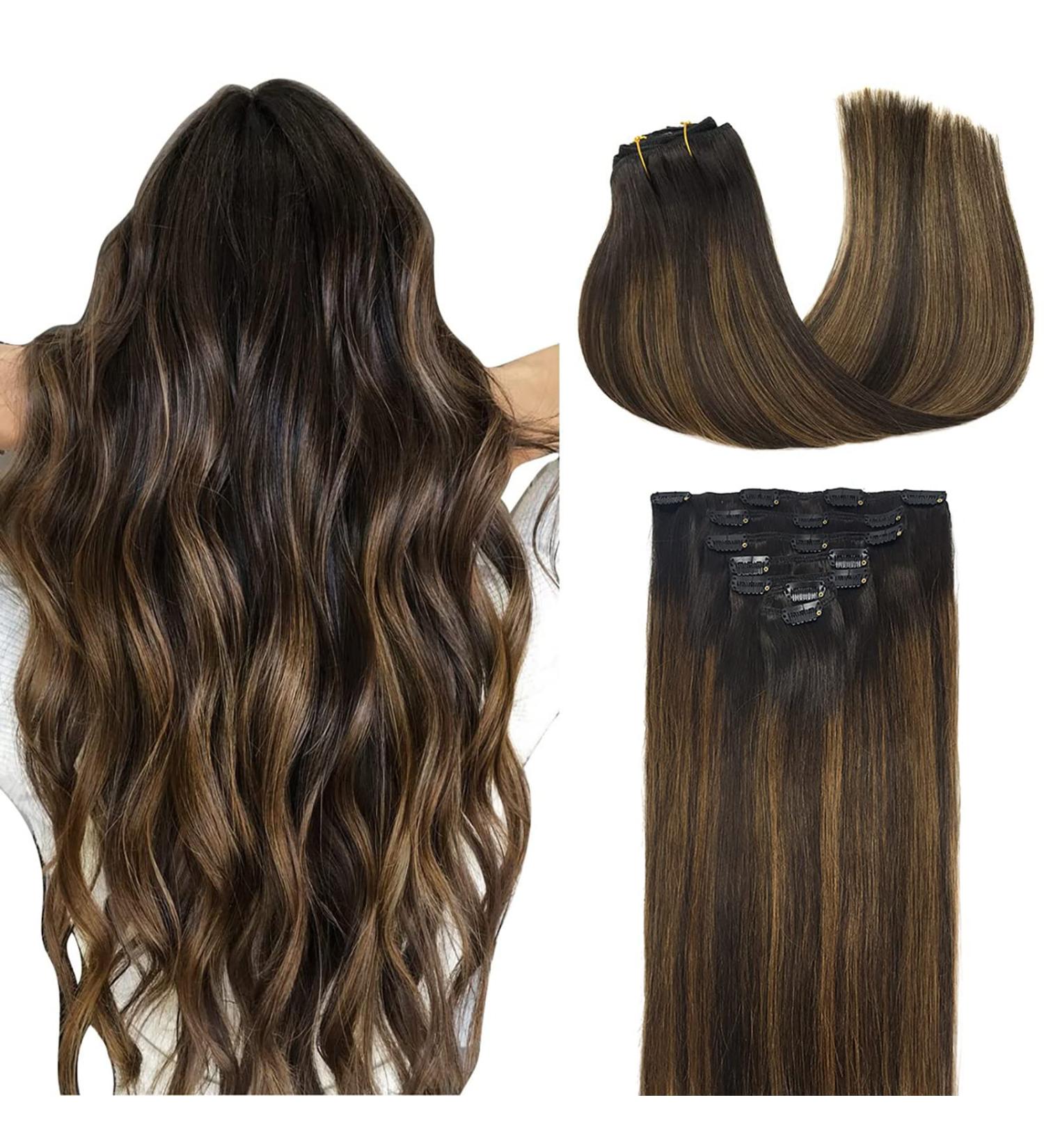 Doores Clip-In Extensions Real Hair | Balayage Dark to Chestnut Brown | 35cm 14 Inch | 120g Remy Hair - 7 Pieces Natural Hair Extensions - Buy Online on GoSupps.com