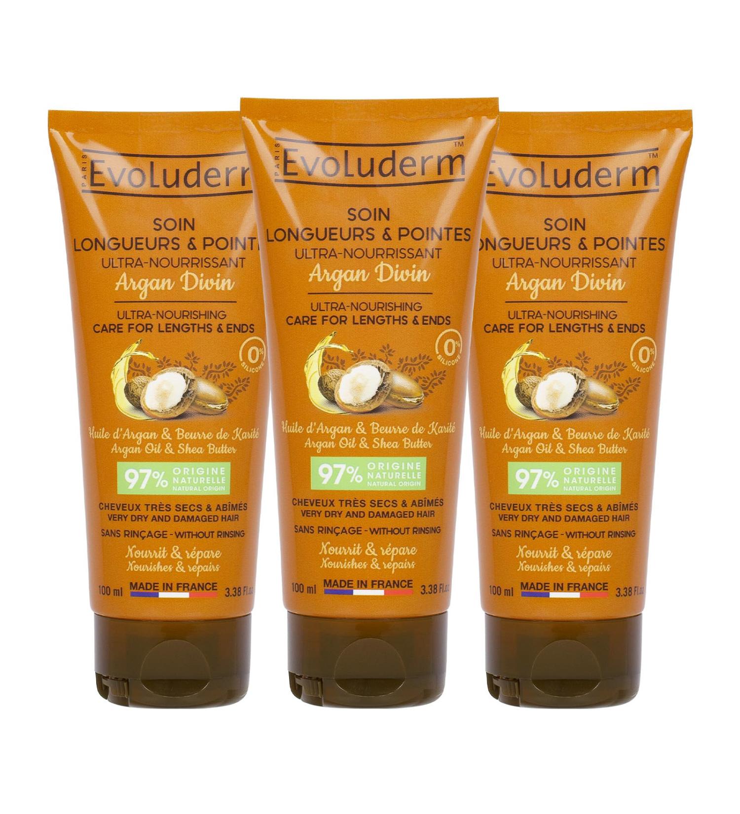 EVOLUDERM - Ultra-Nourishing Lengths & Ends Treatment Argan Divin - 100 ml - 97% Natural Origin - Vegan - Made in France - Pack of 3 x 100 ml