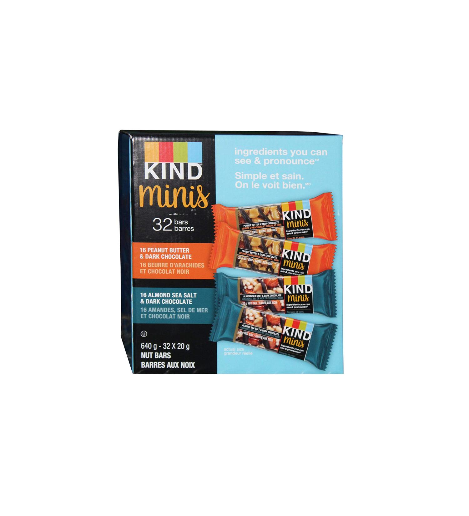 KIND Bar Minis Variety Pack 16 Nuts Sea Salt & Dark Chocolate 16 Almond Peanut Butter & Dark Chocolate Gluten Free Low Calorie Snacks Low Sugar 32 Count Snack Food Bar - Buy Online on GoSupps.com