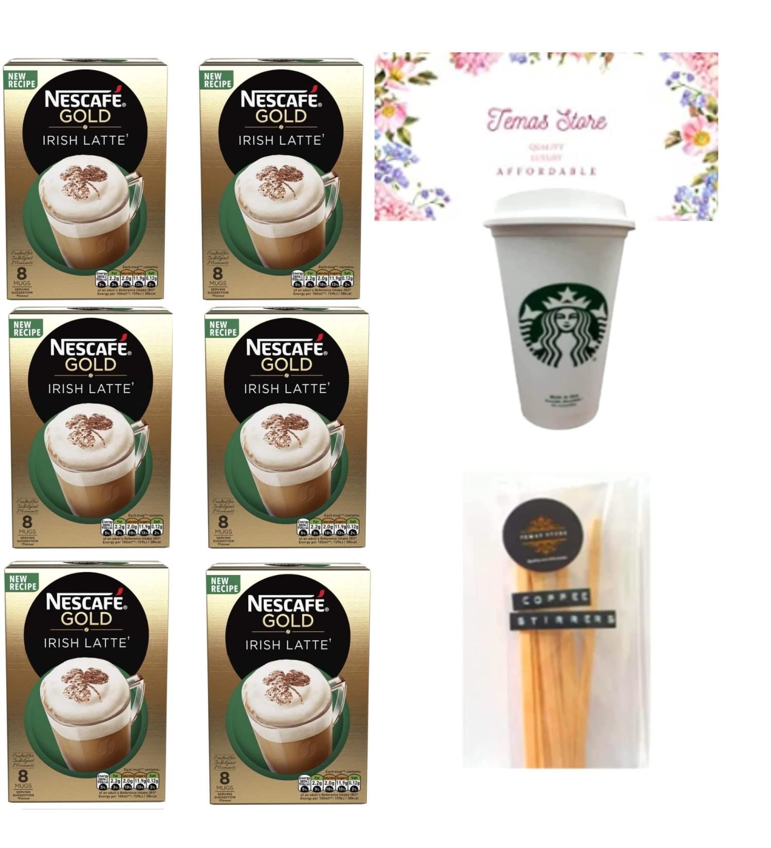 Temas Nescafe Gold Irish Latte Bundled with Reusable Coffee Cup Stirrer Sticks Individually Wrapped Coffee Sachets - Perfect for Nescafe Lovers - 8x Coffee Sachets - Buy Online on GoSupps.com