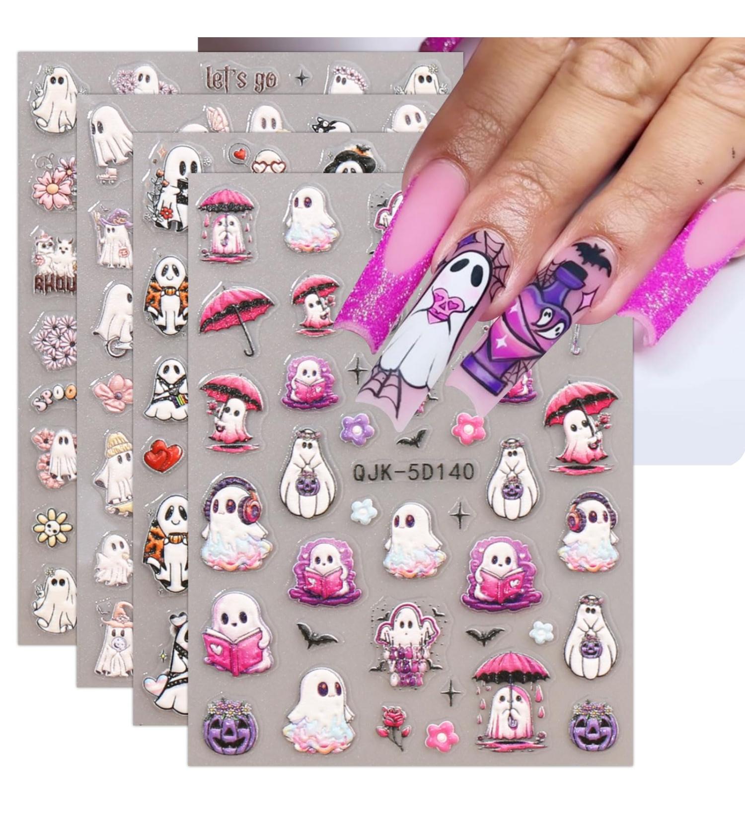 JMEOWIO 3D Embossed Halloween Nail Art Stickers Decals Self-Adhesive 5D Cute Ghost Pink Flower Nail Supplies Nail Art Design Decoration Accessories 4 Sheets - Buy Online on GoSupps.com