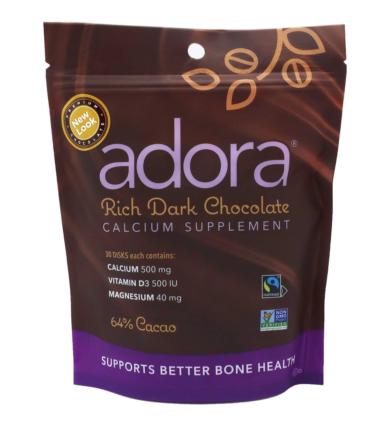 Adora Dark Chocolate Calcium Supplement Disk - 30 Count (500mg) - Buy Online on GoSupps.com