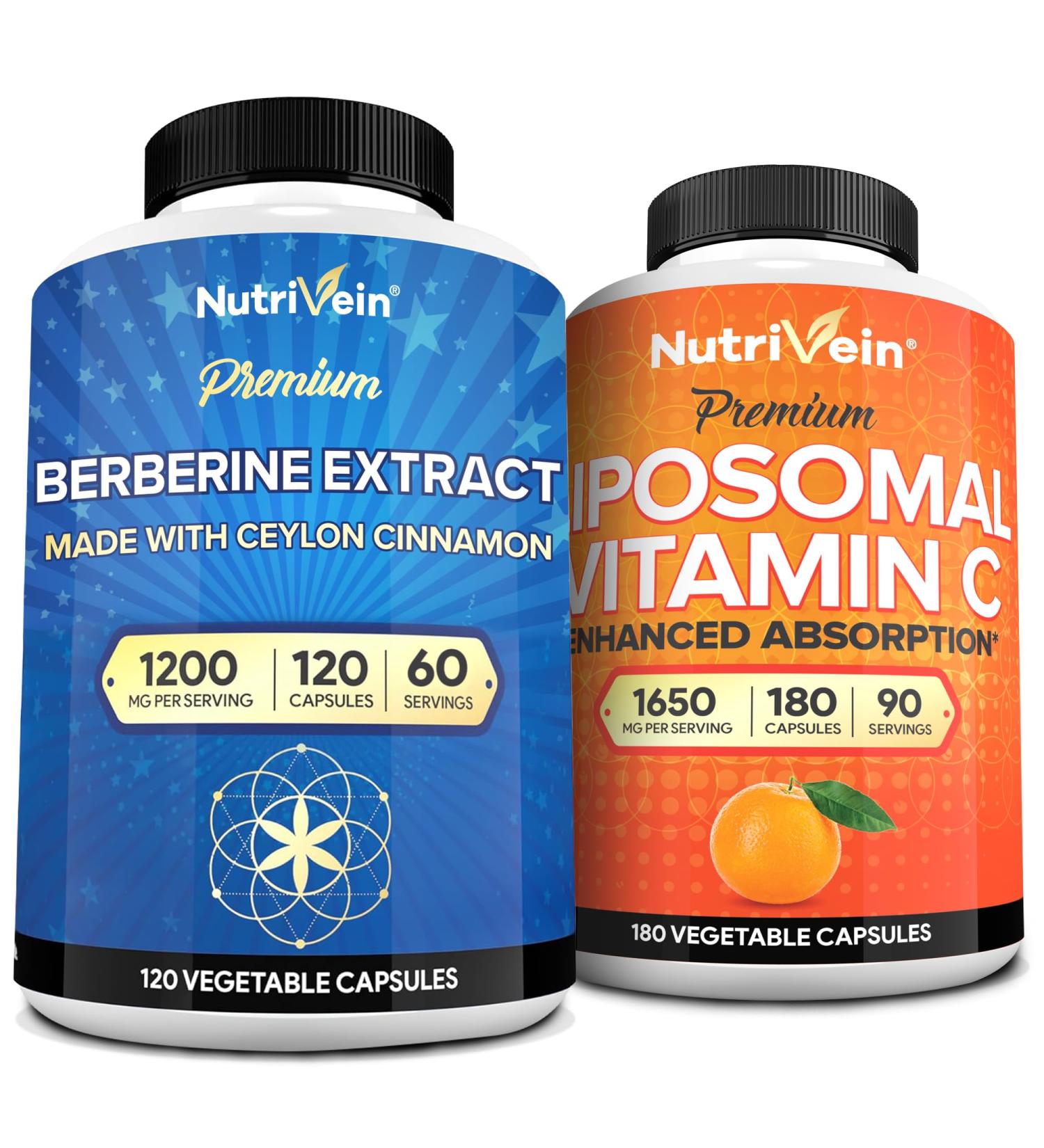 Nutrivein Premium Berberine & Liposomal Vitamin C Supplement: High-Absorption Vitamin C Capsules & Berberine Supplement Bundle for Immunity, Metabolism, & Balanced Well-Being - Buy Online on GoSupps.com