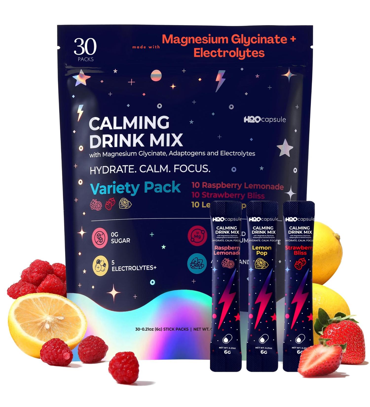 Calm Magnesium Glycinate Powdered Drink Mix with Electrolytes Sugar Free with Ashwagandha, L-Theanine, Vitamin B6 & GABA Cortisol Support, Stress Relief, Hydration & Focus - 30 servings (Variety) Variety Pack 6.3 Ounce  - Buy Online on GoSupps.com
